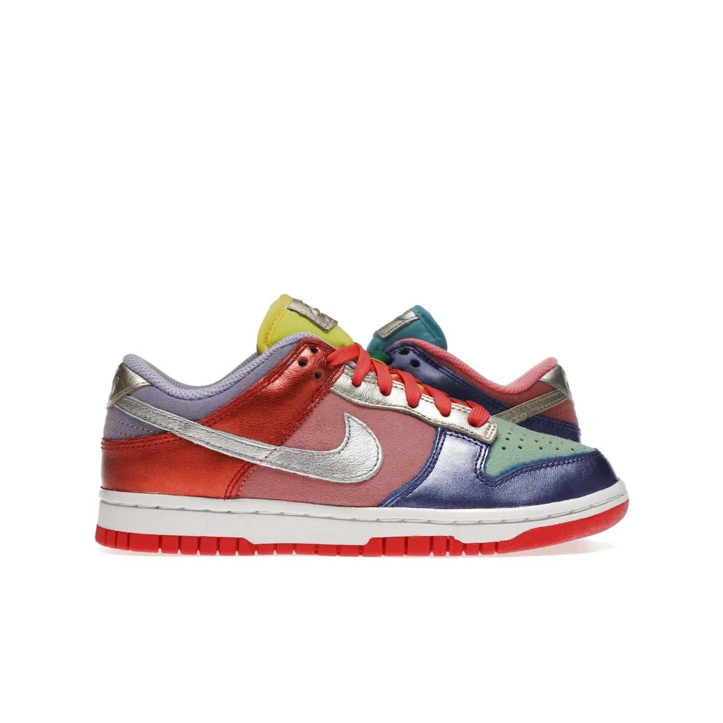 Nike Dunk Low Sunset Pulse (Women's) - Image 1 - Only at www.BallersClubKickz.com - Add some style to your look with the Nike Dunk Low Sunset Pulse (Women's). Finished in a mix of metallic leather and suede, this eye-catching sneaker is designed in an attractive Sunset Pulse/ Silver-Purple Pulse colourway with metallic silver tongue labels and heel tabs.