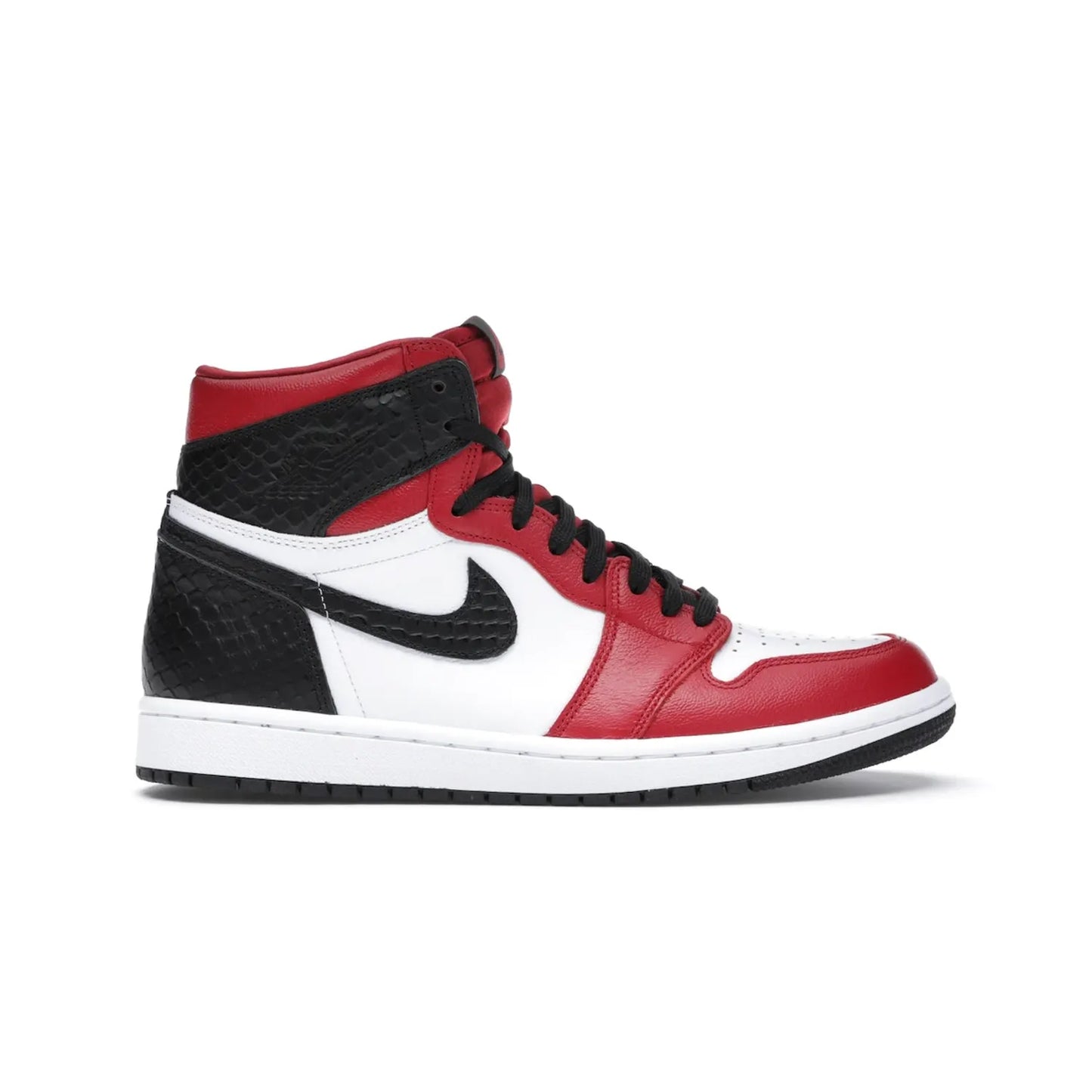 Jordan 1 Retro High Satin Snake Chicago (Women's) - Image 1 - Only at www.BallersClubKickz.com - Upscale Jordan 1 Retro High Satin Snake Chicago (Women's). Crafted from red and white leather with faux snakeskin details and red satin. Jordan Wings graphic on the ankle, white midsole, and striking red outsole. August 2020 release. Iconic shoes must-have for sneaker collectors.