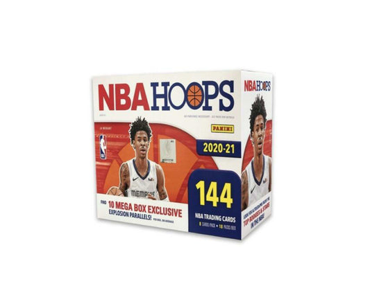 2020-21 Panini NBA Hoops Basketball Mega Box - Only at www.BallersClubKickz.com - 2020-21 Panini NBA Hoops continues the tradition of being the first set of the year to include the first licensed NBA basketball cards featuring the 2020-21 NBA draft class in their pro uniforms. The set also includes the first licensed autographs from the rookie class. The 2020-21 Panini NBA Hoops Basketball Mega Box comes with 18 packs and 8 cards per pack.