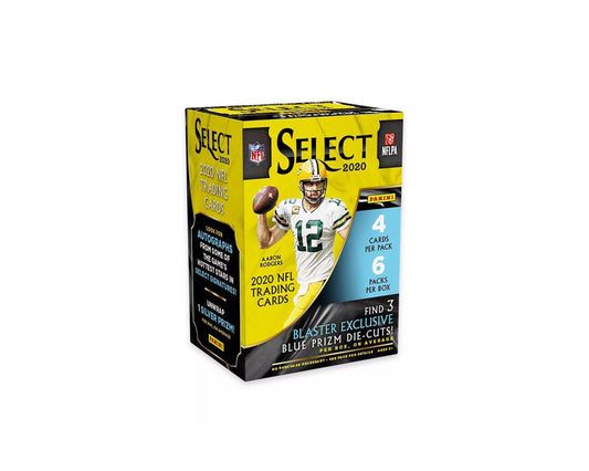 2020 NFL Panini Select Football Trading Card Blaster Box - Image 01 - Only at BallersClubKickz.com - Panini presents the 2020 NFL Select full box! Each box contains 6 foil packs, and each pack contains 4 NFL trading cards. Be on the lookout for the 3 blaster-exclusive Blue Prizm die cuts per box, on average.