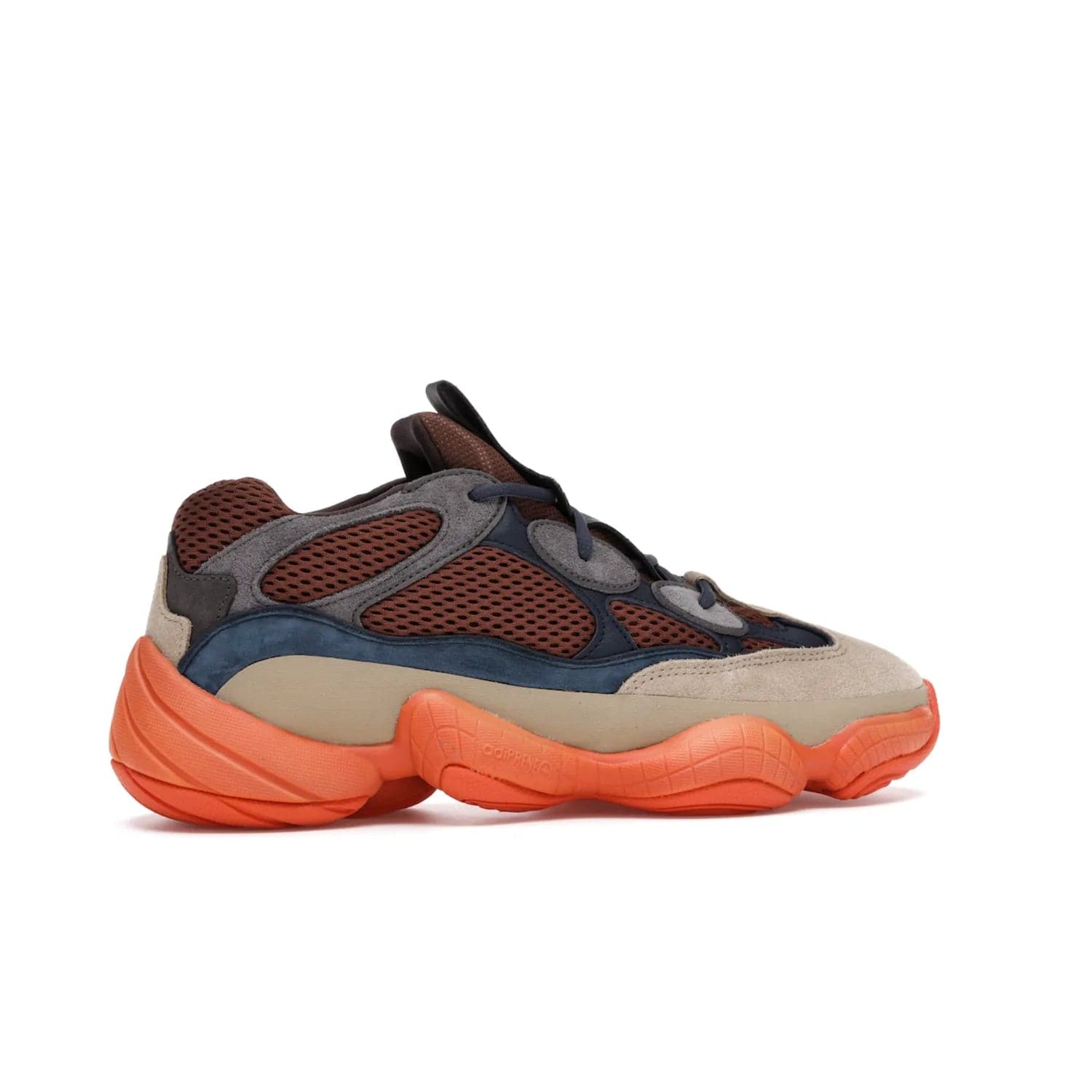 adidas Yeezy 500 Enflame - Image 35 - Only at www.BallersClubKickz.com - Step into style with the adidas Yeezy 500 Enflame. Mix of mesh, leather, and suede layered together to create tonal-brown, dark blue, & orange. Orange AdiPRENE sole provides superior cushioning & comfort. Get yours and experience maximum style.
