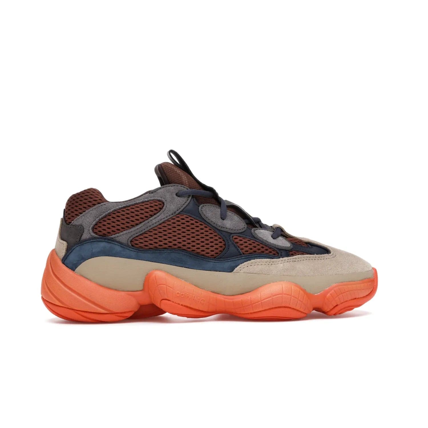 adidas Yeezy 500 Enflame - Image 36 - Only at www.BallersClubKickz.com - Step into style with the adidas Yeezy 500 Enflame. Mix of mesh, leather, and suede layered together to create tonal-brown, dark blue, & orange. Orange AdiPRENE sole provides superior cushioning & comfort. Get yours and experience maximum style.