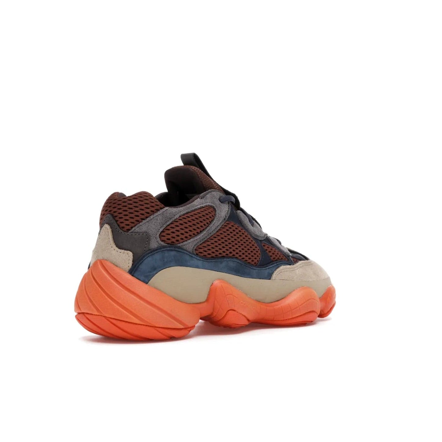 adidas Yeezy 500 Enflame - Image 32 - Only at www.BallersClubKickz.com - Step into style with the adidas Yeezy 500 Enflame. Mix of mesh, leather, and suede layered together to create tonal-brown, dark blue, & orange. Orange AdiPRENE sole provides superior cushioning & comfort. Get yours and experience maximum style.