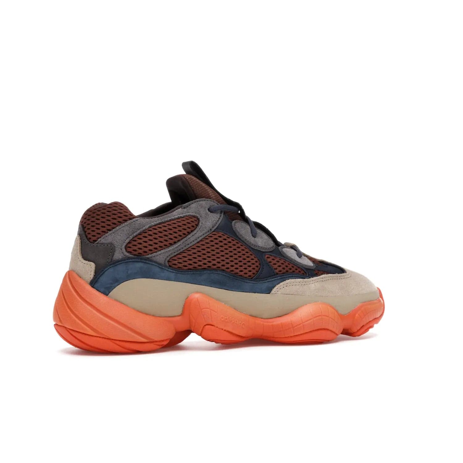 adidas Yeezy 500 Enflame - Image 34 - Only at www.BallersClubKickz.com - Step into style with the adidas Yeezy 500 Enflame. Mix of mesh, leather, and suede layered together to create tonal-brown, dark blue, & orange. Orange AdiPRENE sole provides superior cushioning & comfort. Get yours and experience maximum style.