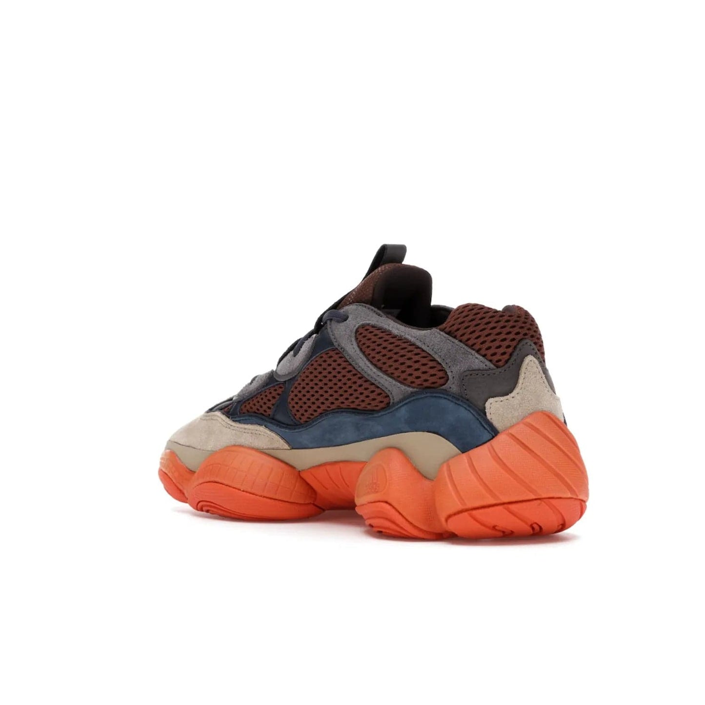 adidas Yeezy 500 Enflame - Image 24 - Only at www.BallersClubKickz.com - Step into style with the adidas Yeezy 500 Enflame. Mix of mesh, leather, and suede layered together to create tonal-brown, dark blue, & orange. Orange AdiPRENE sole provides superior cushioning & comfort. Get yours and experience maximum style.