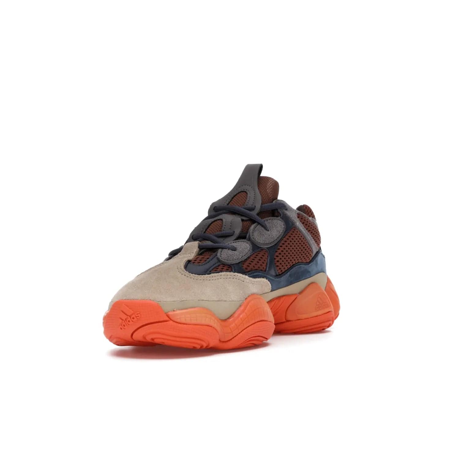 adidas Yeezy 500 Enflame - Image 13 - Only at www.BallersClubKickz.com - Step into style with the adidas Yeezy 500 Enflame. Mix of mesh, leather, and suede layered together to create tonal-brown, dark blue, & orange. Orange AdiPRENE sole provides superior cushioning & comfort. Get yours and experience maximum style.