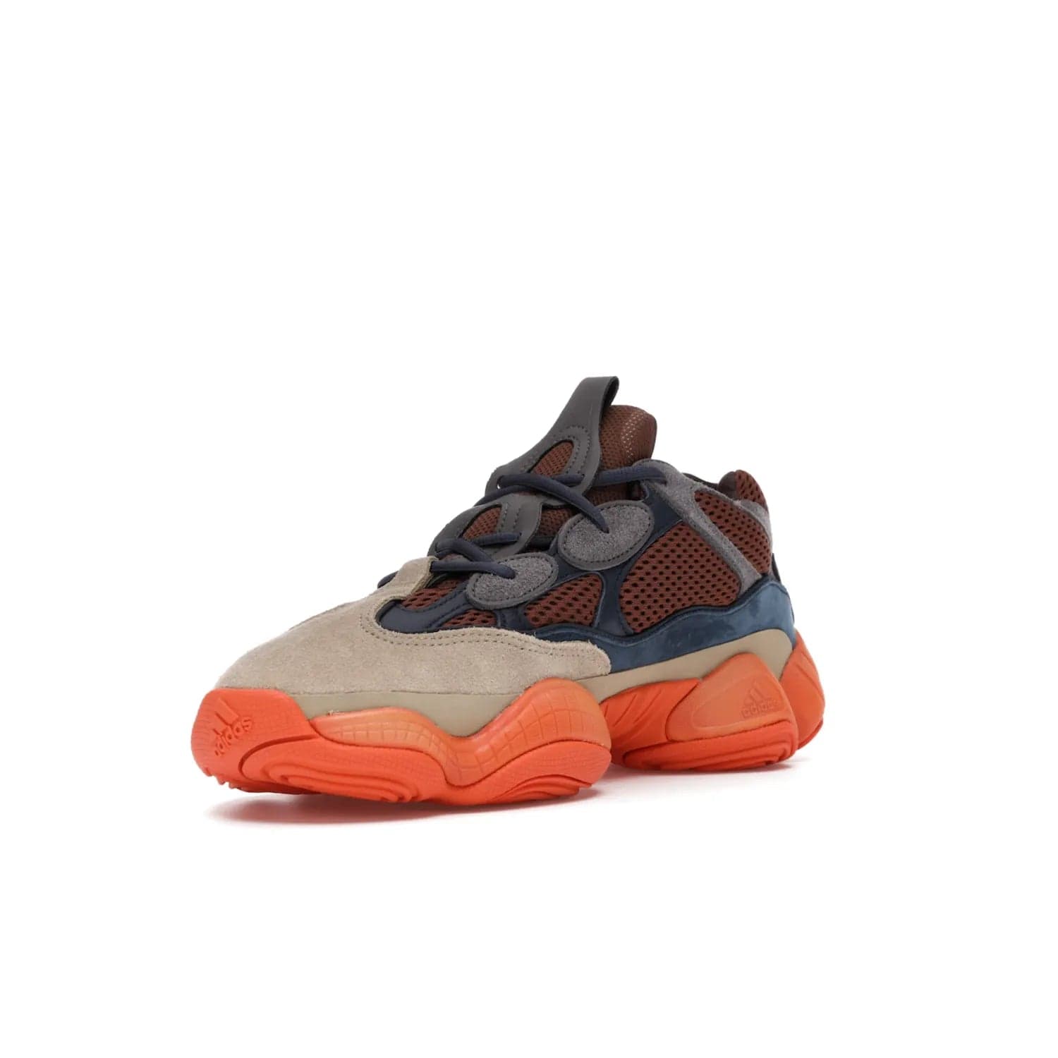 adidas Yeezy 500 Enflame - Image 14 - Only at www.BallersClubKickz.com - Step into style with the adidas Yeezy 500 Enflame. Mix of mesh, leather, and suede layered together to create tonal-brown, dark blue, & orange. Orange AdiPRENE sole provides superior cushioning & comfort. Get yours and experience maximum style.