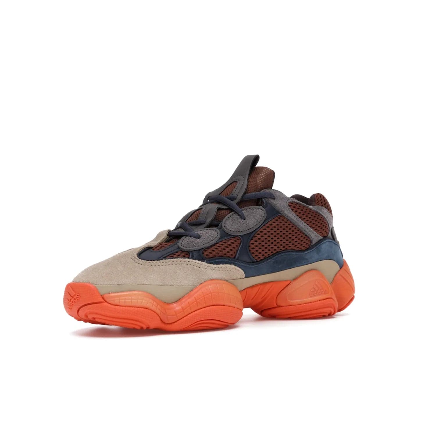 adidas Yeezy 500 Enflame - Image 15 - Only at www.BallersClubKickz.com - Step into style with the adidas Yeezy 500 Enflame. Mix of mesh, leather, and suede layered together to create tonal-brown, dark blue, & orange. Orange AdiPRENE sole provides superior cushioning & comfort. Get yours and experience maximum style.
