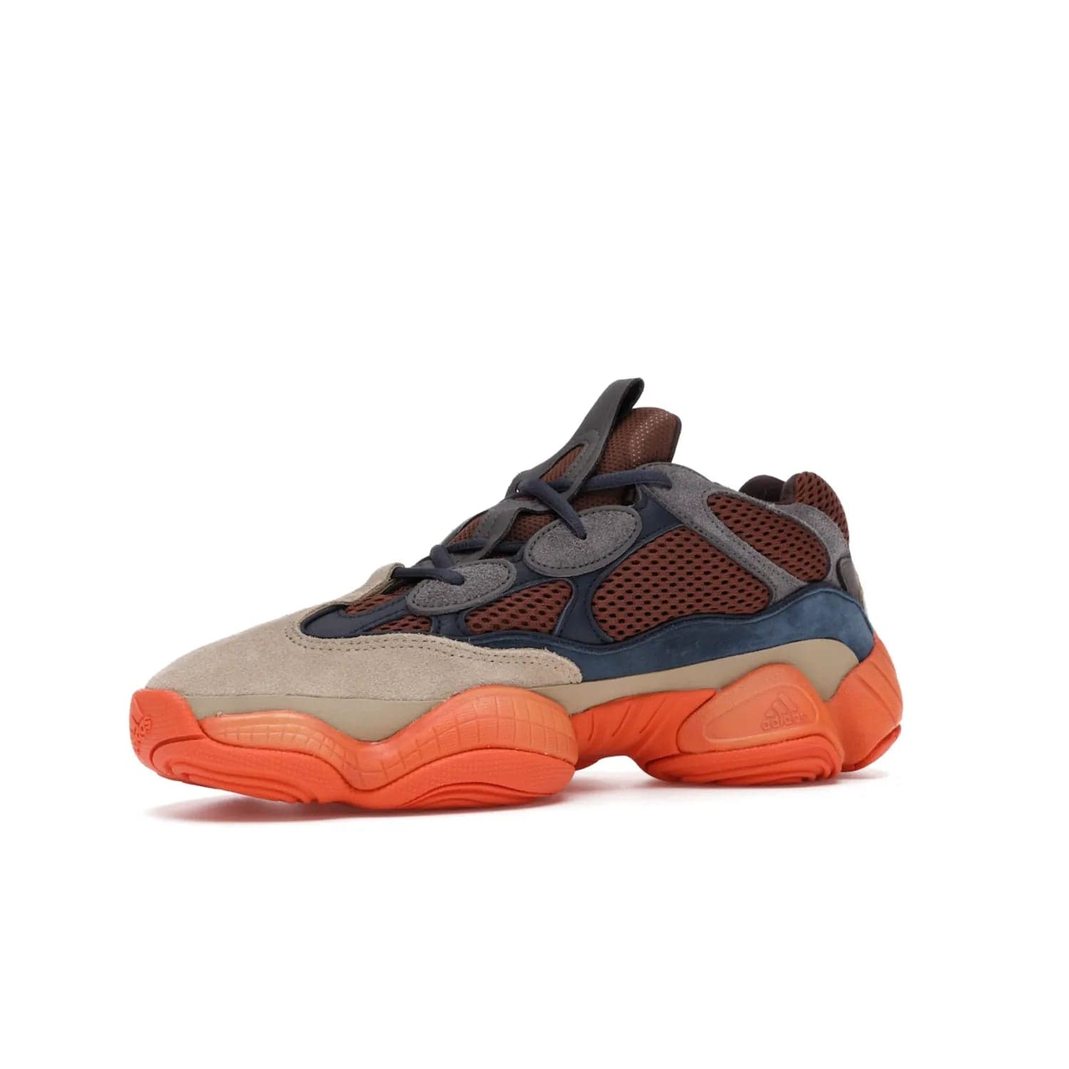 adidas Yeezy 500 Enflame - Image 16 - Only at www.BallersClubKickz.com - Step into style with the adidas Yeezy 500 Enflame. Mix of mesh, leather, and suede layered together to create tonal-brown, dark blue, & orange. Orange AdiPRENE sole provides superior cushioning & comfort. Get yours and experience maximum style.