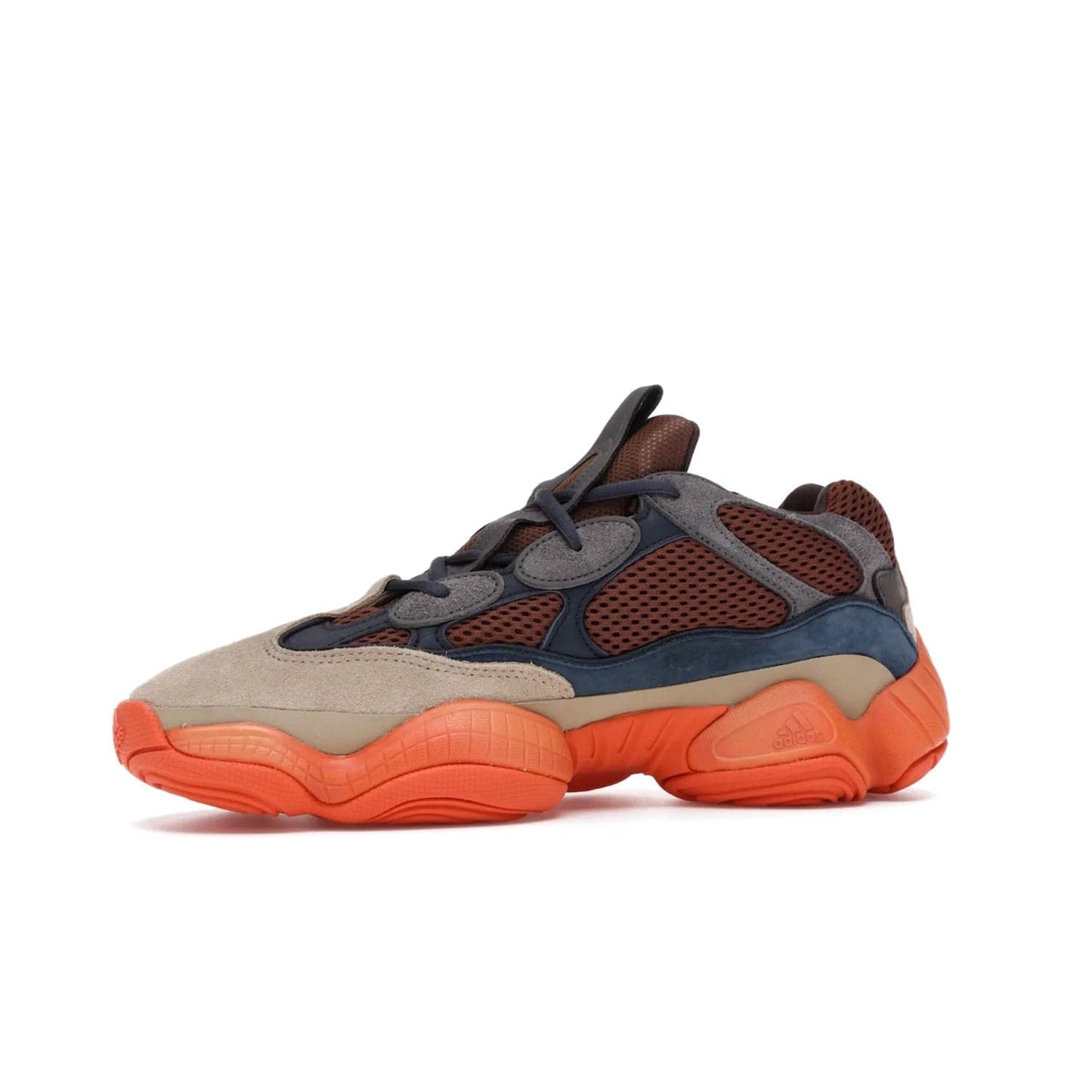 adidas Yeezy 500 Enflame - Image 17 - Only at www.BallersClubKickz.com - Step into style with the adidas Yeezy 500 Enflame. Mix of mesh, leather, and suede layered together to create tonal-brown, dark blue, & orange. Orange AdiPRENE sole provides superior cushioning & comfort. Get yours and experience maximum style.