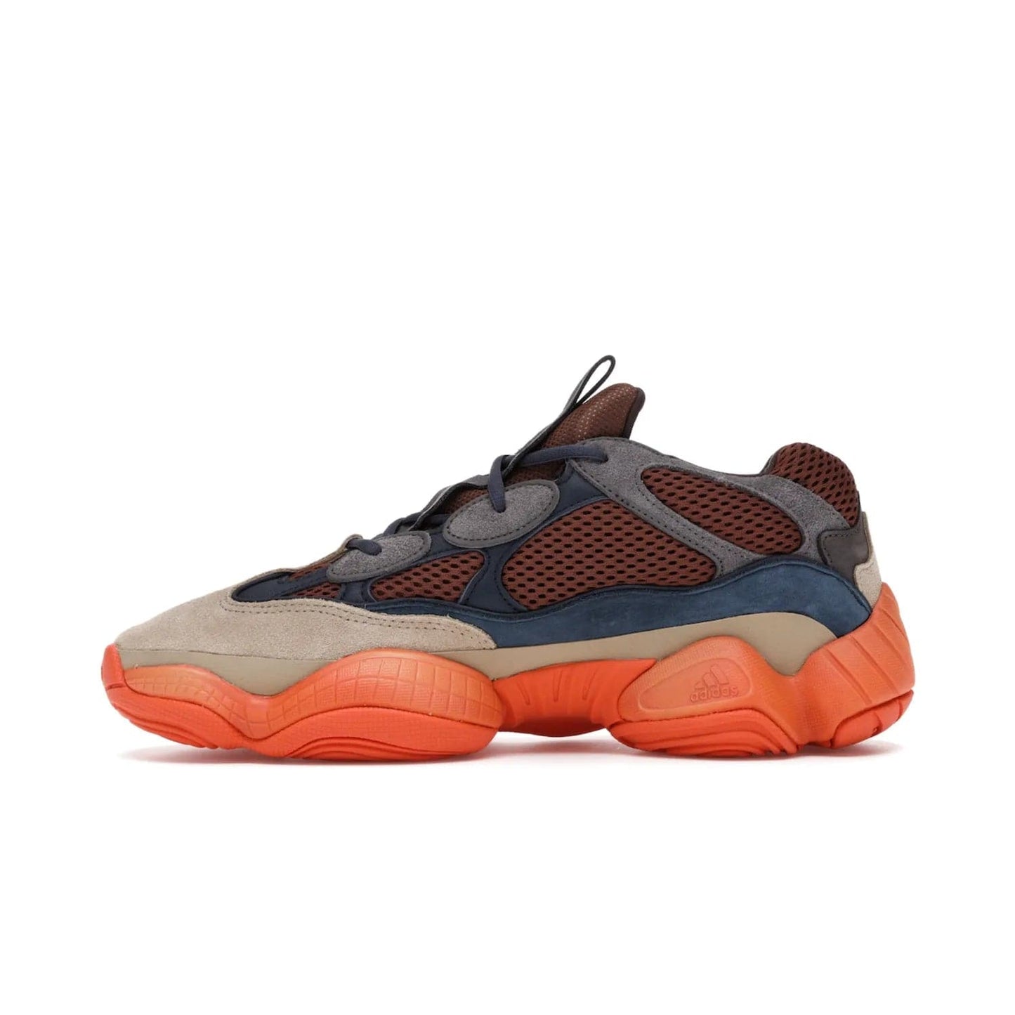 adidas Yeezy 500 Enflame - Image 19 - Only at www.BallersClubKickz.com - Step into style with the adidas Yeezy 500 Enflame. Mix of mesh, leather, and suede layered together to create tonal-brown, dark blue, & orange. Orange AdiPRENE sole provides superior cushioning & comfort. Get yours and experience maximum style.