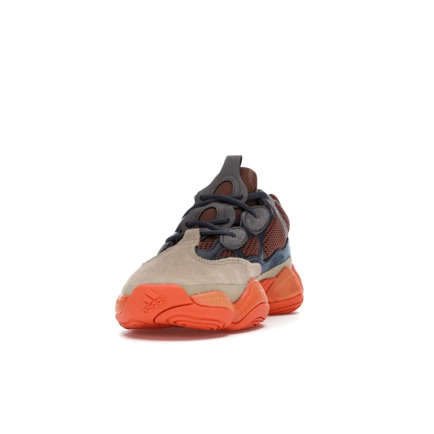 adidas Yeezy 500 Enflame - Image 12 - Only at www.BallersClubKickz.com - Step into style with the adidas Yeezy 500 Enflame. Mix of mesh, leather, and suede layered together to create tonal-brown, dark blue, & orange. Orange AdiPRENE sole provides superior cushioning & comfort. Get yours and experience maximum style.