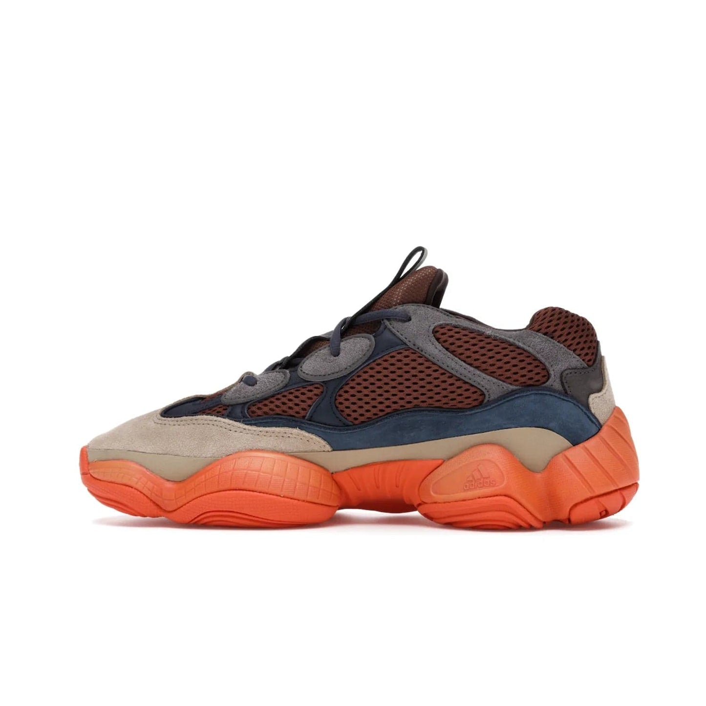 adidas Yeezy 500 Enflame - Image 20 - Only at www.BallersClubKickz.com - Step into style with the adidas Yeezy 500 Enflame. Mix of mesh, leather, and suede layered together to create tonal-brown, dark blue, & orange. Orange AdiPRENE sole provides superior cushioning & comfort. Get yours and experience maximum style.