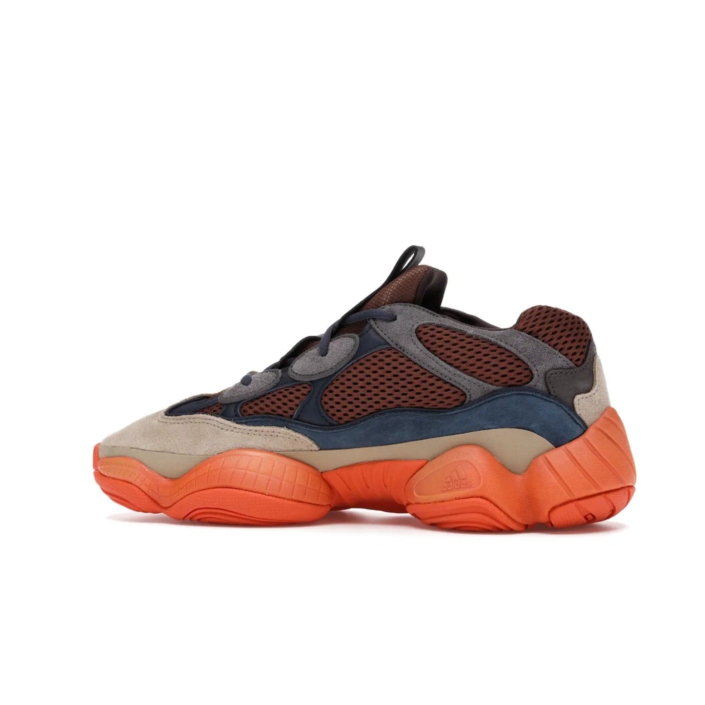 adidas Yeezy 500 Enflame - Image 21 - Only at www.BallersClubKickz.com - Step into style with the adidas Yeezy 500 Enflame. Mix of mesh, leather, and suede layered together to create tonal-brown, dark blue, & orange. Orange AdiPRENE sole provides superior cushioning & comfort. Get yours and experience maximum style.