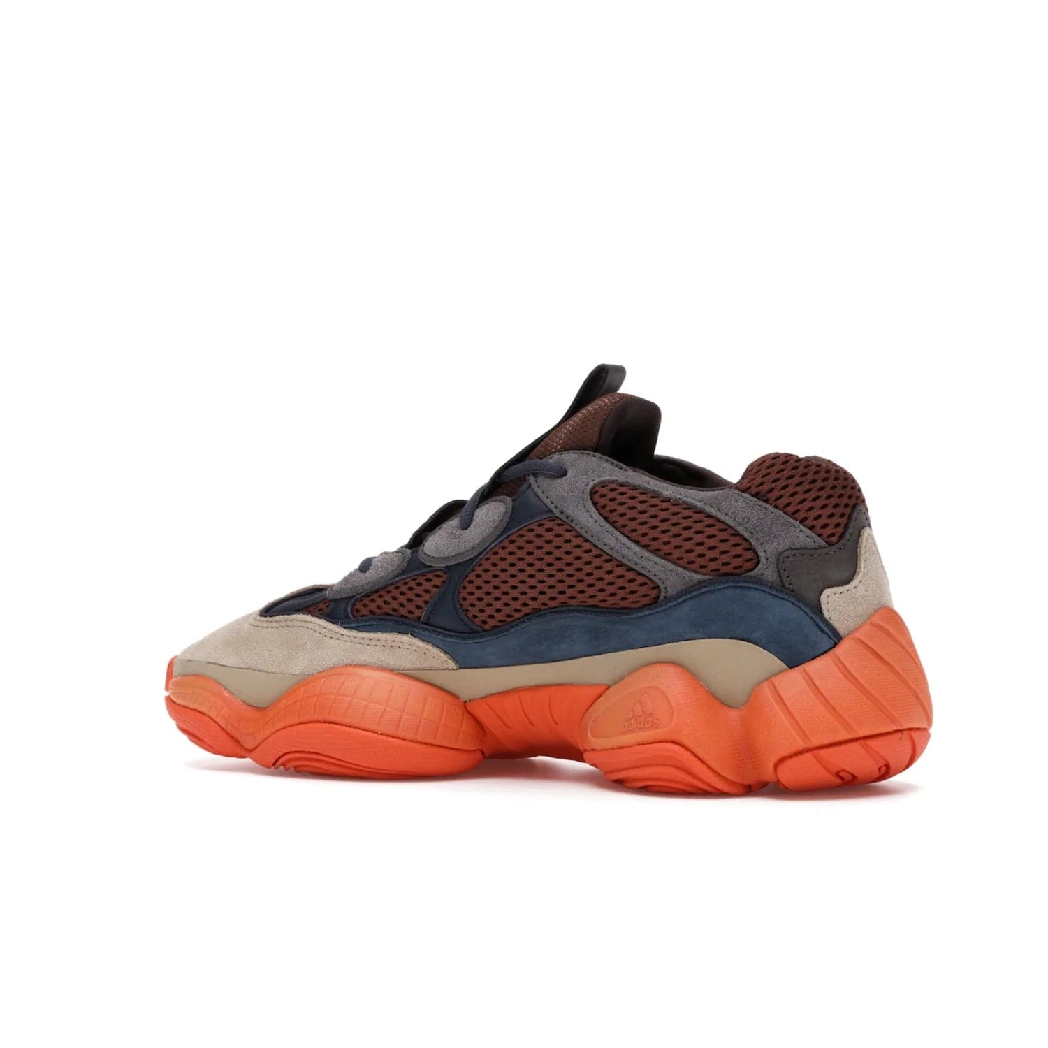 adidas Yeezy 500 Enflame - Image 22 - Only at www.BallersClubKickz.com - Step into style with the adidas Yeezy 500 Enflame. Mix of mesh, leather, and suede layered together to create tonal-brown, dark blue, & orange. Orange AdiPRENE sole provides superior cushioning & comfort. Get yours and experience maximum style.