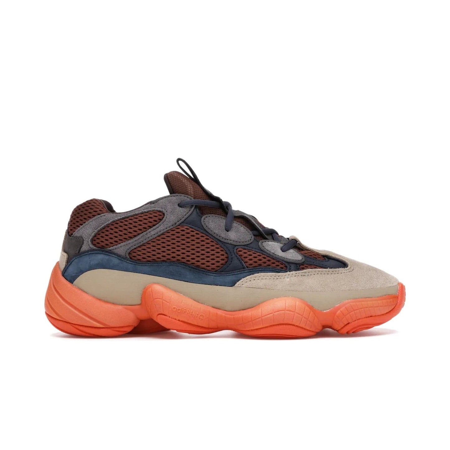 adidas Yeezy 500 Enflame - Image 1 - Only at www.BallersClubKickz.com - Step into style with the adidas Yeezy 500 Enflame. Mix of mesh, leather, and suede layered together to create tonal-brown, dark blue, & orange. Orange AdiPRENE sole provides superior cushioning & comfort. Get yours and experience maximum style.