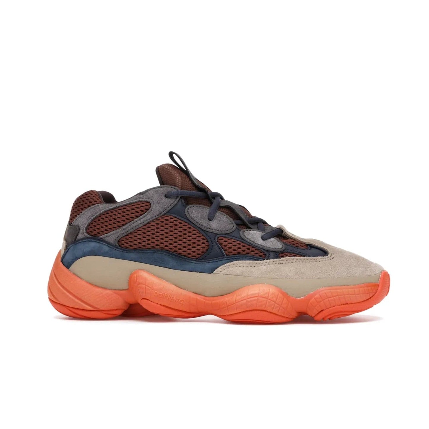 adidas Yeezy 500 Enflame - Image 2 - Only at www.BallersClubKickz.com - Step into style with the adidas Yeezy 500 Enflame. Mix of mesh, leather, and suede layered together to create tonal-brown, dark blue, & orange. Orange AdiPRENE sole provides superior cushioning & comfort. Get yours and experience maximum style.
