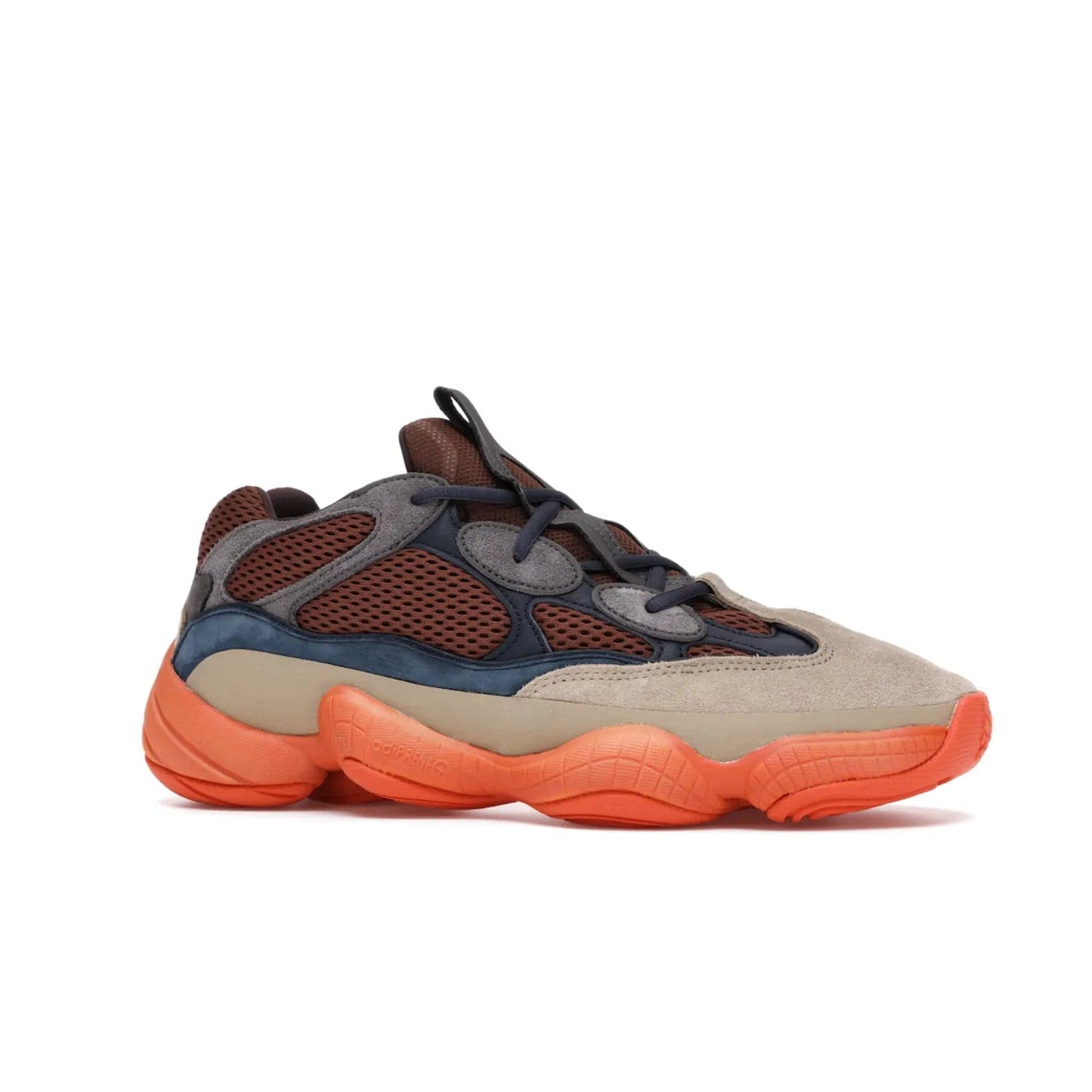 adidas Yeezy 500 Enflame - Image 3 - Only at www.BallersClubKickz.com - Step into style with the adidas Yeezy 500 Enflame. Mix of mesh, leather, and suede layered together to create tonal-brown, dark blue, & orange. Orange AdiPRENE sole provides superior cushioning & comfort. Get yours and experience maximum style.
