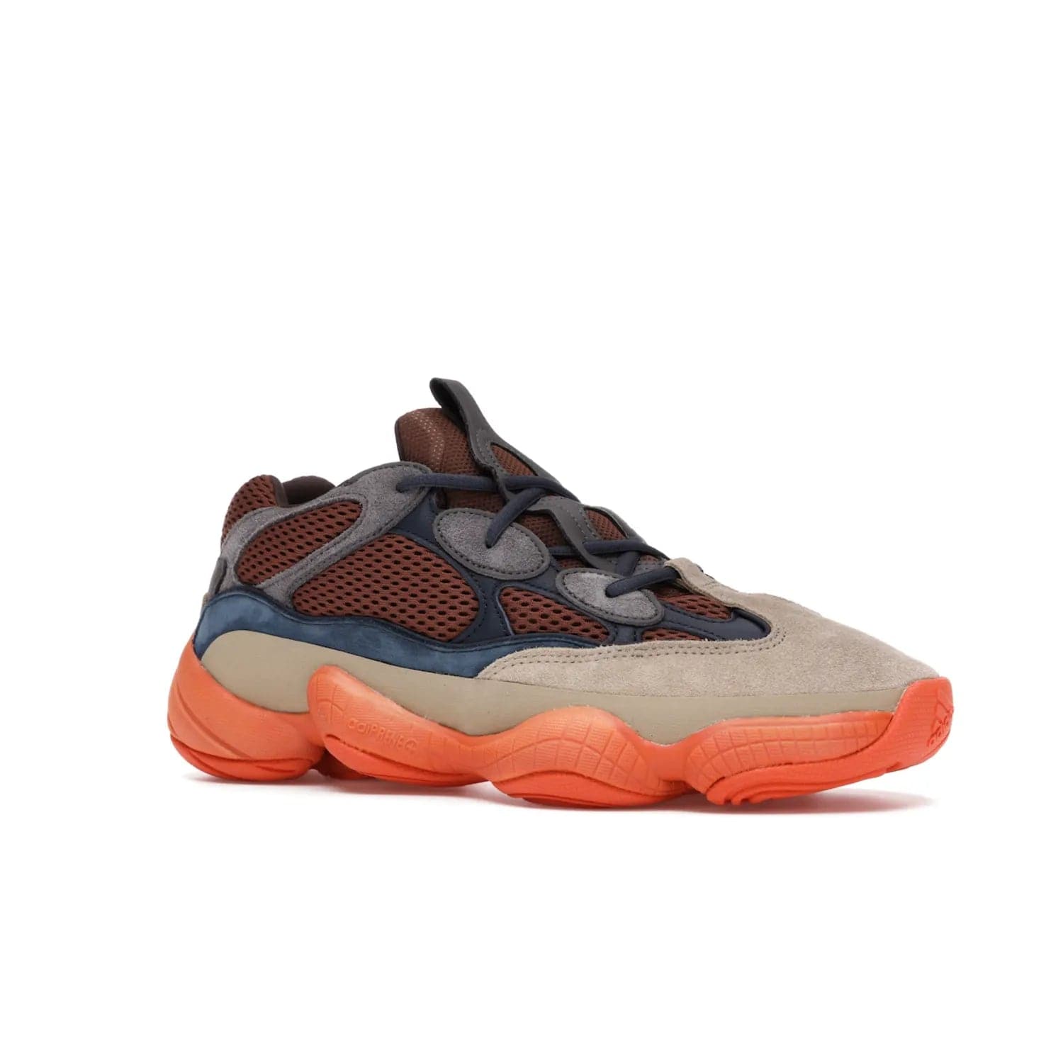 adidas Yeezy 500 Enflame - Image 4 - Only at www.BallersClubKickz.com - Step into style with the adidas Yeezy 500 Enflame. Mix of mesh, leather, and suede layered together to create tonal-brown, dark blue, & orange. Orange AdiPRENE sole provides superior cushioning & comfort. Get yours and experience maximum style.