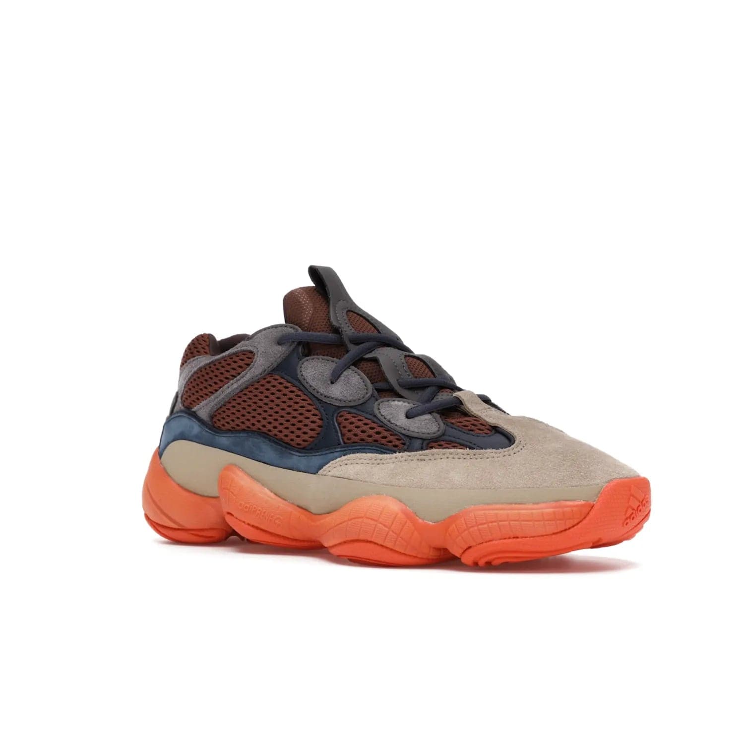 adidas Yeezy 500 Enflame - Image 5 - Only at www.BallersClubKickz.com - Step into style with the adidas Yeezy 500 Enflame. Mix of mesh, leather, and suede layered together to create tonal-brown, dark blue, & orange. Orange AdiPRENE sole provides superior cushioning & comfort. Get yours and experience maximum style.