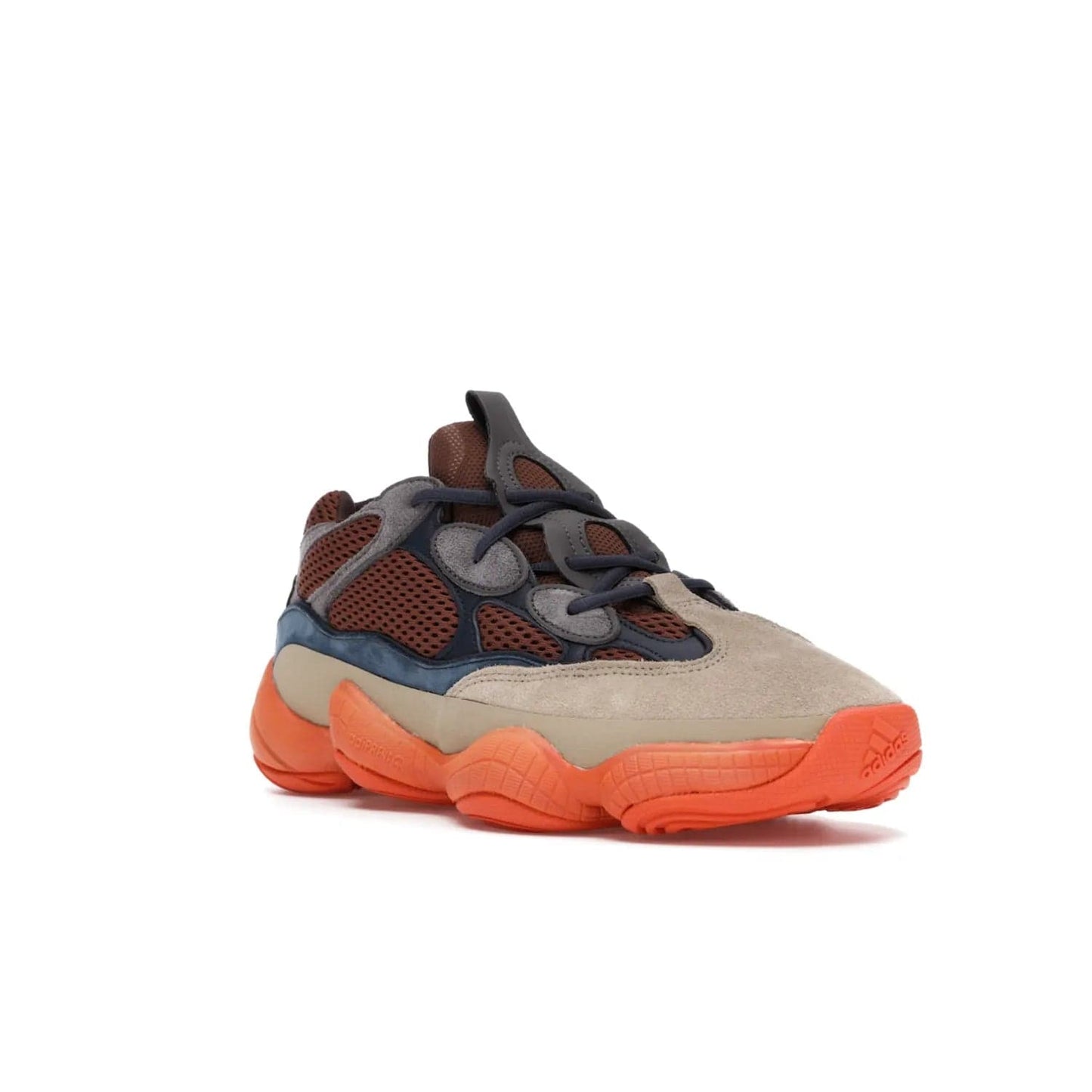 adidas Yeezy 500 Enflame - Image 6 - Only at www.BallersClubKickz.com - Step into style with the adidas Yeezy 500 Enflame. Mix of mesh, leather, and suede layered together to create tonal-brown, dark blue, & orange. Orange AdiPRENE sole provides superior cushioning & comfort. Get yours and experience maximum style.