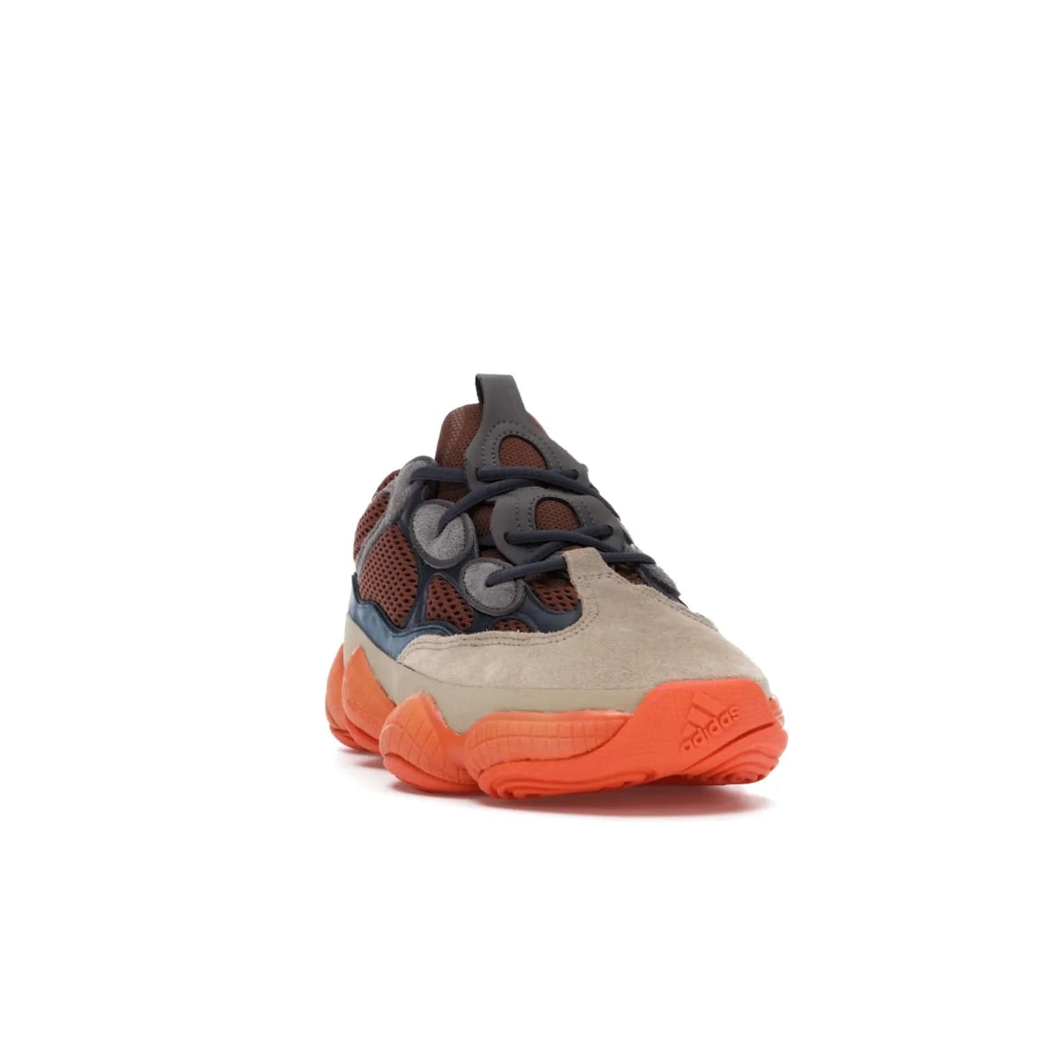 adidas Yeezy 500 Enflame - Image 8 - Only at www.BallersClubKickz.com - Step into style with the adidas Yeezy 500 Enflame. Mix of mesh, leather, and suede layered together to create tonal-brown, dark blue, & orange. Orange AdiPRENE sole provides superior cushioning & comfort. Get yours and experience maximum style.