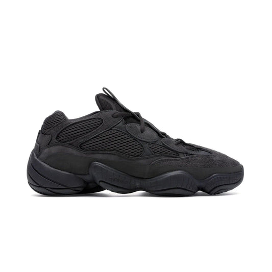 adidas Yeezy 500 Utility Black - Image 1 - Only at www.BallersClubKickz.com - Iconic adidas Yeezy 500 Utility Black in All-Black colorway. Durable black mesh and suede upper with adiPRENE® sole delivers comfort and support. Be unstoppable with the Yeezy 500 Utility Black. Released July 2018.