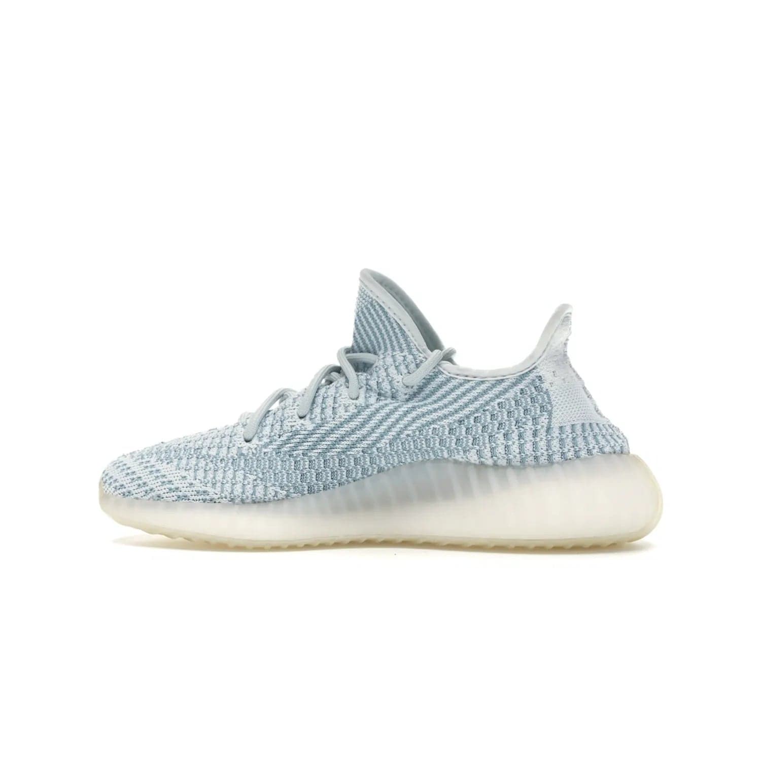 adidas Yeezy Boost 350 V2 Cloud White (Non-Reflective) - Image 20 - Only at www.BallersClubKickz.com - Uniquely designed adidas Yeezy Boost 350 V2 Cloud White (Non-Reflective) with a Primeknit upper in shades of cream and blue with a contrasting hard sole. A fashion-forward sneaker with a transparent strip and blue-and-white patterns.