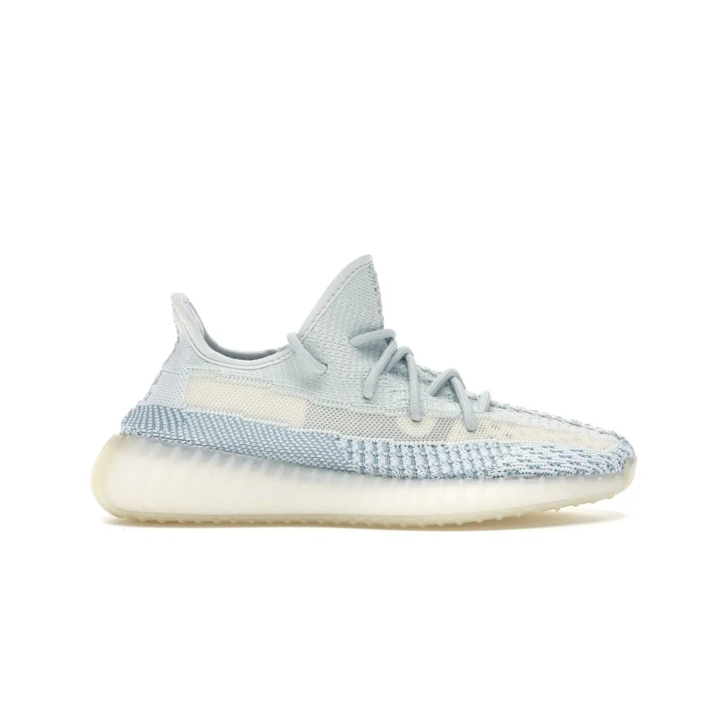 adidas Yeezy Boost 350 V2 Cloud White (Non-Reflective) - Image 1 - Only at www.BallersClubKickz.com - Uniquely designed adidas Yeezy Boost 350 V2 Cloud White (Non-Reflective) with a Primeknit upper in shades of cream and blue with a contrasting hard sole. A fashion-forward sneaker with a transparent strip and blue-and-white patterns.