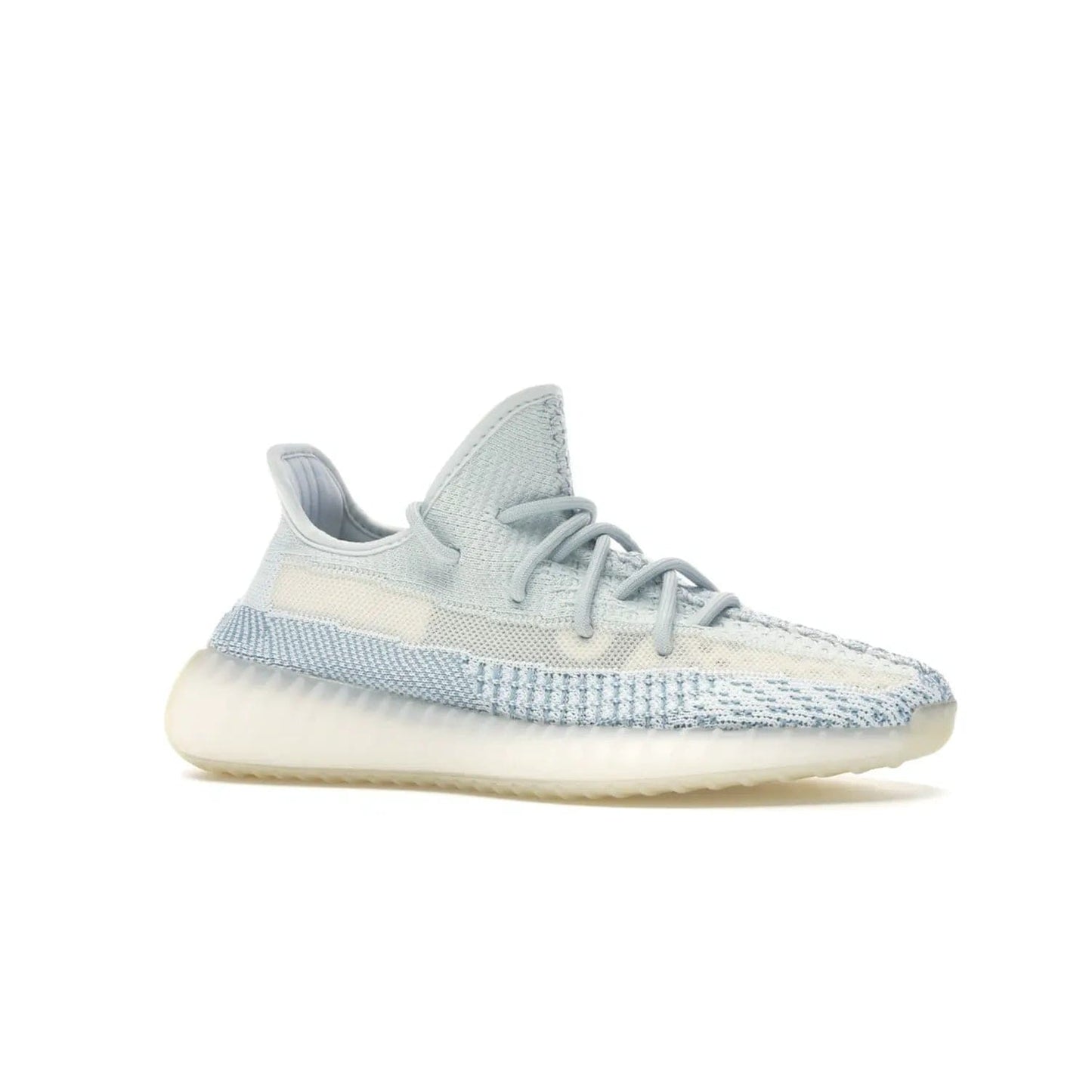 adidas Yeezy Boost 350 V2 Cloud White (Non-Reflective) - Image 3 - Only at www.BallersClubKickz.com - Uniquely designed adidas Yeezy Boost 350 V2 Cloud White (Non-Reflective) with a Primeknit upper in shades of cream and blue with a contrasting hard sole. A fashion-forward sneaker with a transparent strip and blue-and-white patterns.