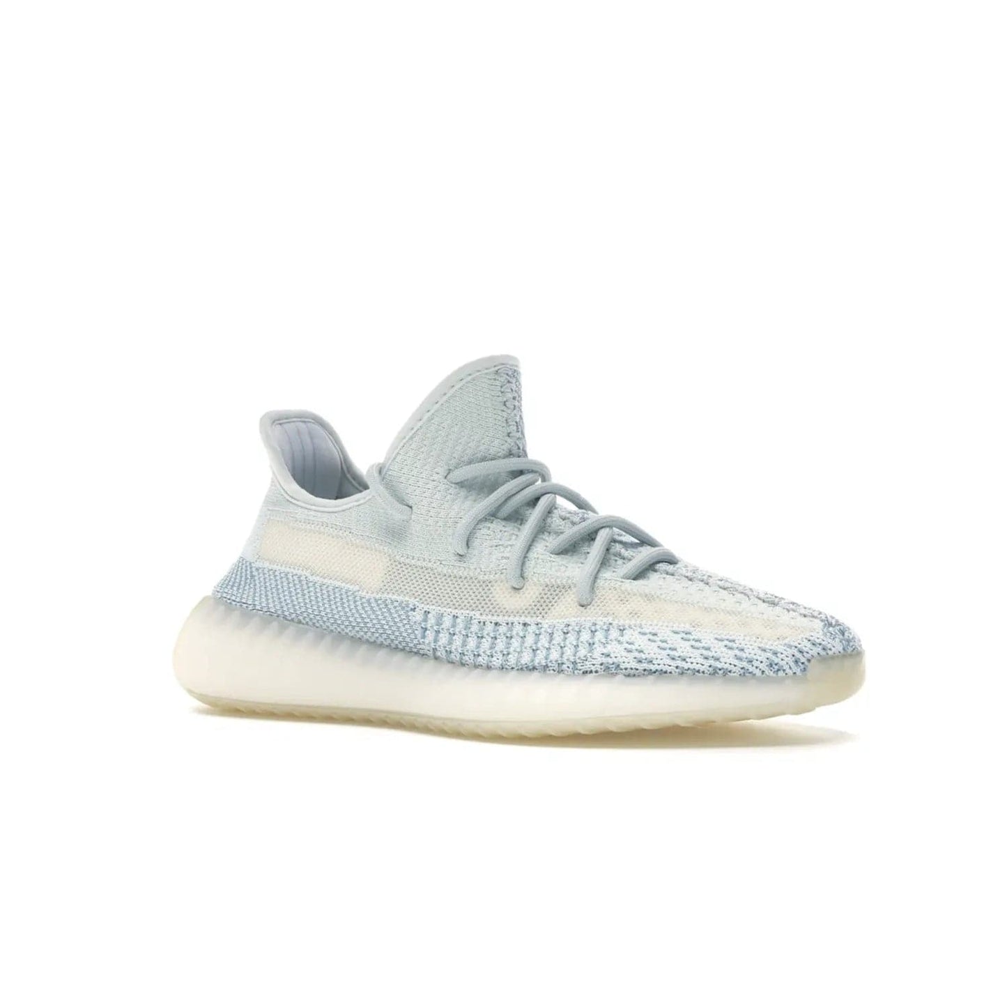 adidas Yeezy Boost 350 V2 Cloud White (Non-Reflective) - Image 4 - Only at www.BallersClubKickz.com - Uniquely designed adidas Yeezy Boost 350 V2 Cloud White (Non-Reflective) with a Primeknit upper in shades of cream and blue with a contrasting hard sole. A fashion-forward sneaker with a transparent strip and blue-and-white patterns.