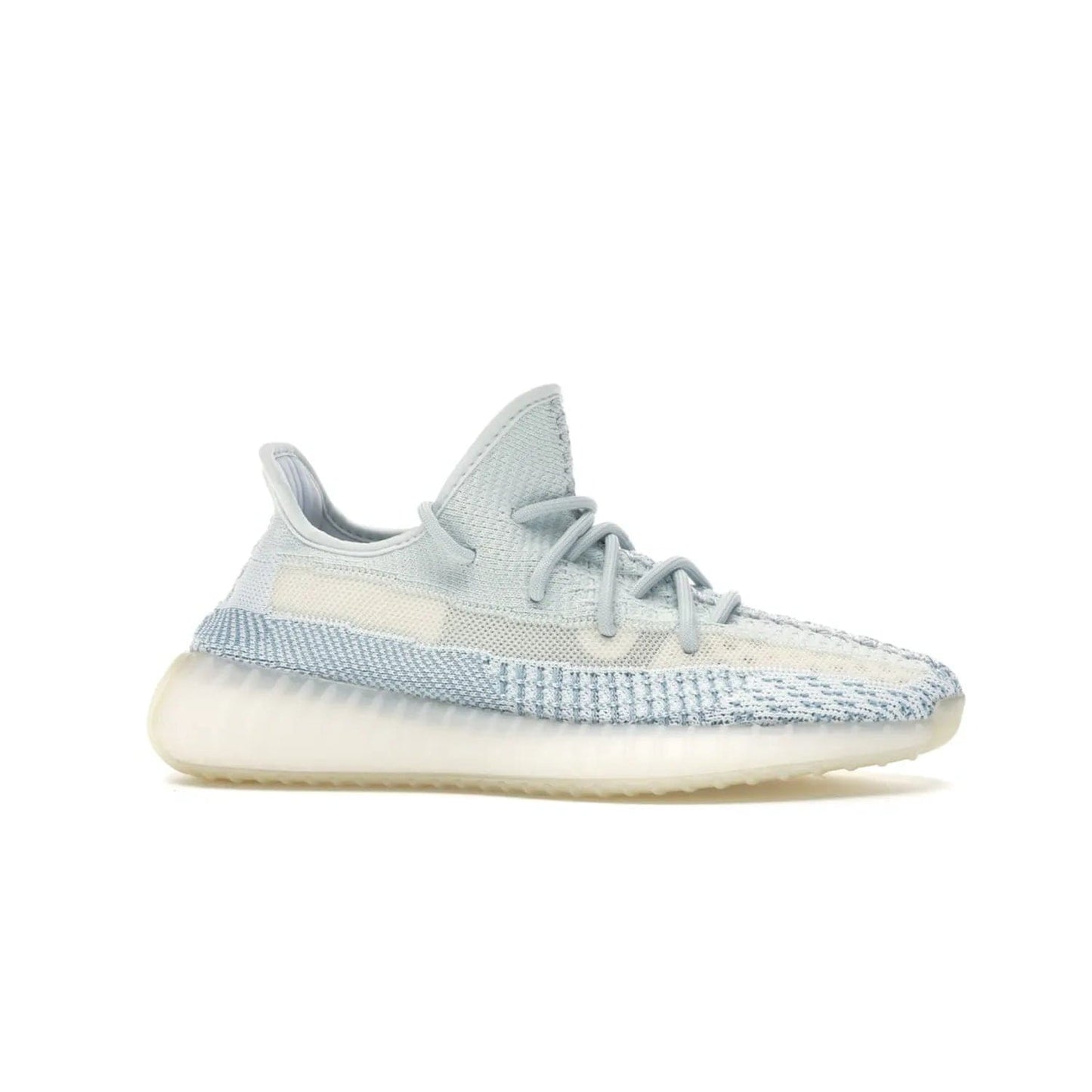 adidas Yeezy Boost 350 V2 Cloud White (Non-Reflective) - Image 2 - Only at www.BallersClubKickz.com - Adidas Yeezy Boost 350 V2 Cloud White (Non-Reflective) features Primeknit fabric and a unique, eye-catching design of cream, bluish-white, and transparent strip. Step out in timeless style with this eye-catching sneaker.