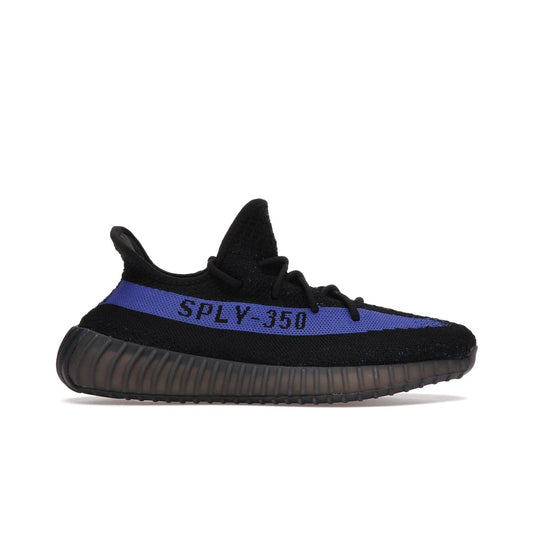 adidas Yeezy Boost 350 V2 Dazzling Blue - Image 1 - Only at www.BallersClubKickz.com - Shop the Adidas Yeezy 350 V2 Dazzling Blue, featuring a solid black Primeknit upper, Dazzling Blue side stripe, “SPLY-350” text, and a muted Boost sole. Releasing Feb 2022, this style is perfect for any shoe fan.