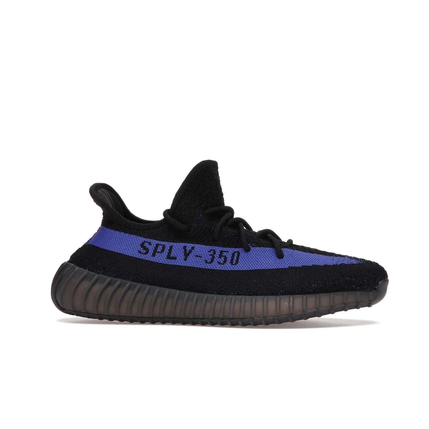 adidas Yeezy Boost 350 V2 Dazzling Blue - Image 2 - Only at www.BallersClubKickz.com - Shop the Adidas Yeezy 350 V2 Dazzling Blue, featuring a solid black Primeknit upper, Dazzling Blue side stripe, “SPLY-350” text, and a muted Boost sole. Releasing Feb 2022, this style is perfect for any shoe fan.