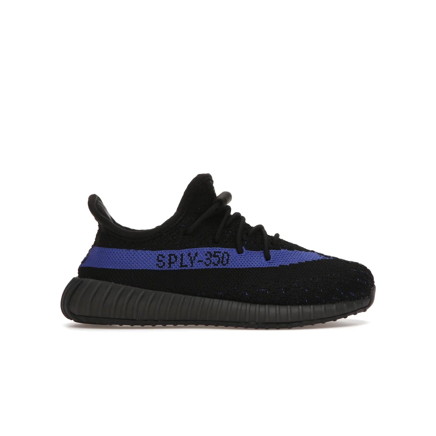 adidas Yeezy Boost 350 V2 Dazzling Blue (Kids) - Image 1 - Only at www.BallersClubKickz.com - Shop the adidas Yeezy Boost 350 V2 Dazzling Blue (Kids). Features a black Primeknit upper with a royal blue 'SPLY-350' streak and a full-length Boost midsole. Durable rubber outsole provides plenty of traction. Available for $160.