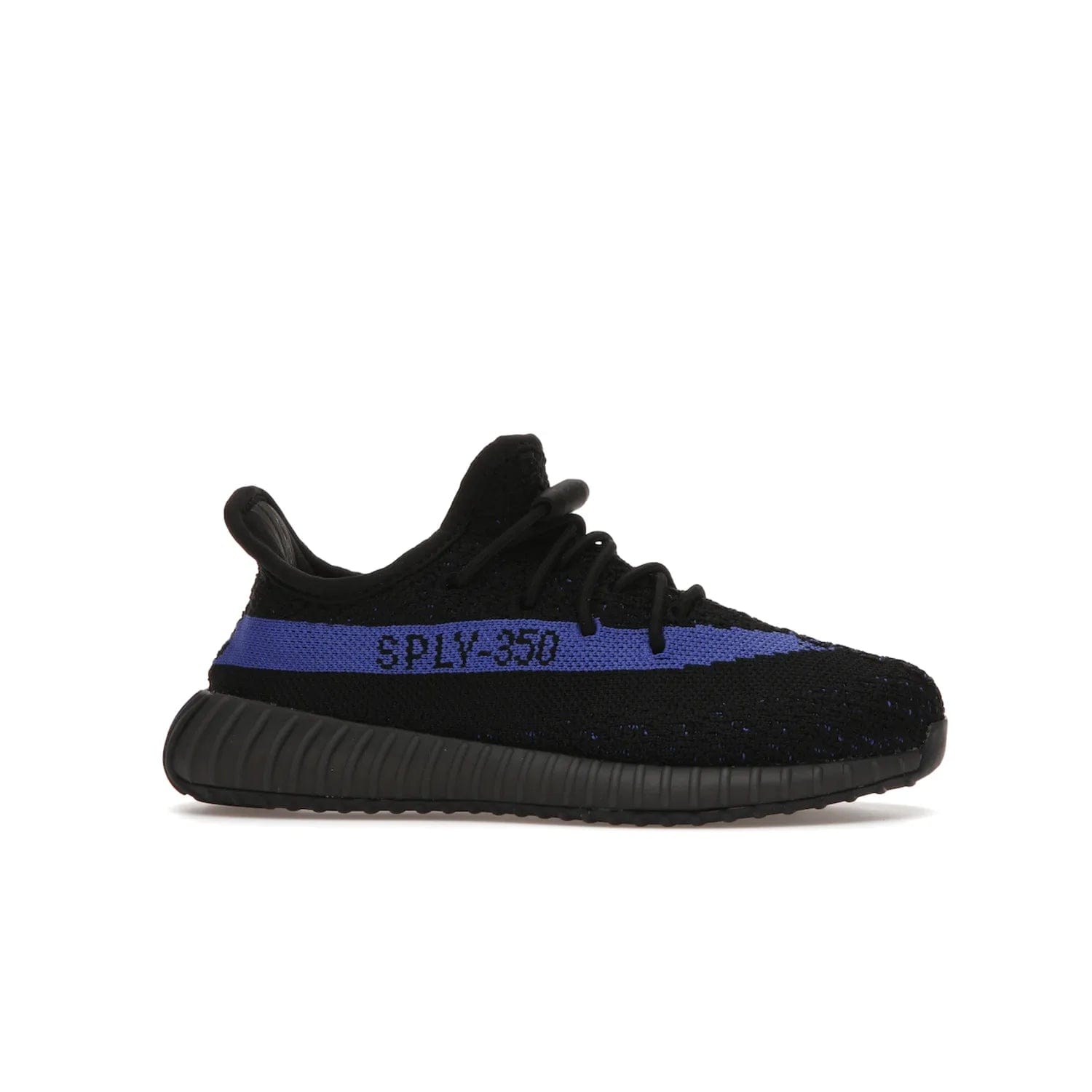 adidas Yeezy Boost 350 V2 Dazzling Blue (Kids) - Image 2 - Only at www.BallersClubKickz.com - Shop the adidas Yeezy Boost 350 V2 Dazzling Blue (Kids). Features a black Primeknit upper with a royal blue 'SPLY-350' streak and a full-length Boost midsole. Durable rubber outsole provides plenty of traction. Available for $160.