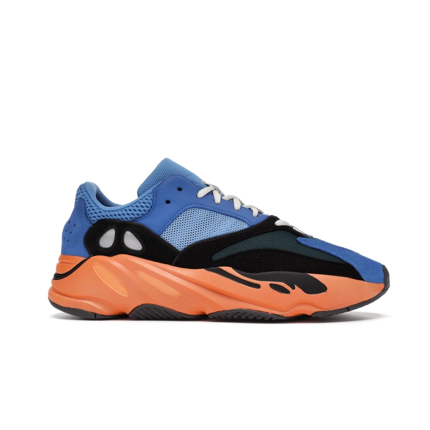 adidas Yeezy Boost 700 Bright Blue - Image 2 - Only at www.BallersClubKickz.com - Iconic sneaker style meets vibrant colour with the adidas Yeezy Boost 700 Bright Blue. Reflective accents, turquoise and teal panels, bright orange midsole and black outsole make for a bold release. April 2021.