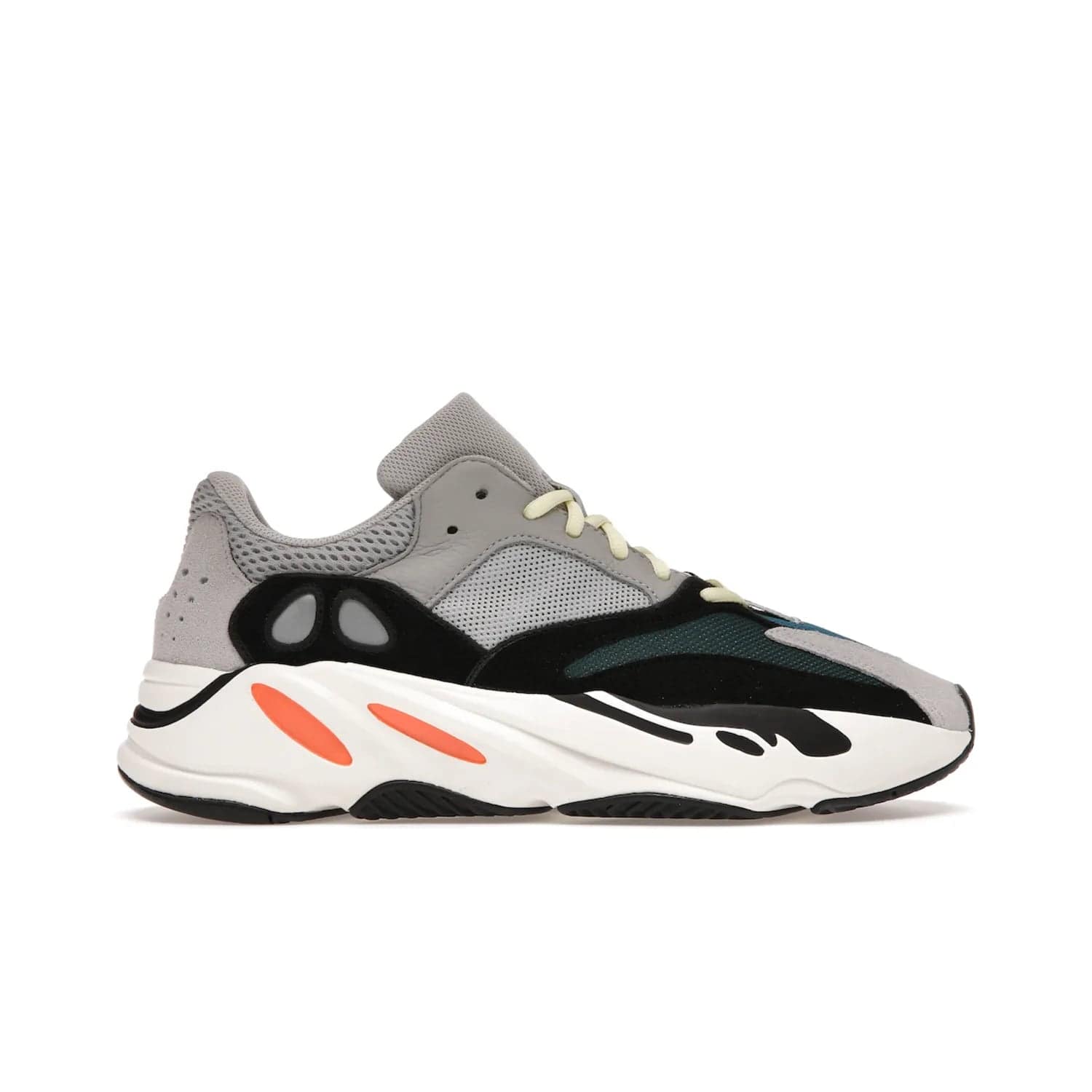 adidas Yeezy Boost 700 Wave Runner - Image 1 - Only at www.BallersClubKickz.com - Shop the iconic adidas Yeezy Boost 700 Wave Runner. Featuring grey mesh and leather upper, black suede overlays, teal mesh underlays, and signature Boost sole. Be bold & make a statement.
