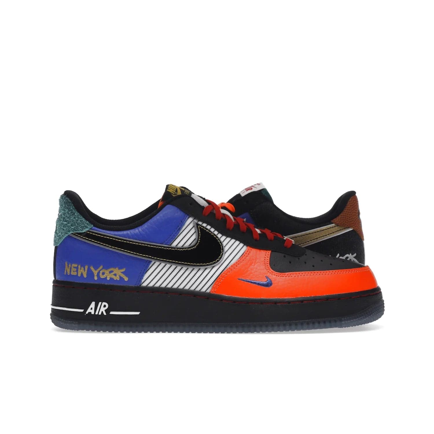 Nike Air Force 1 Low NYC City of Athletes - Image 1 - Only at www.BallersClubKickz.com - Grab the limited edition Nike Air Force 1 Low NYC City of Athletes. This unique design features a combination of leather, suede, denim and basketball synthetic rubber, plus the iconic white & black midsole with semi-translucent outsoles. Released in Oct 2019 - these eye-catching sneakers complete any look.
