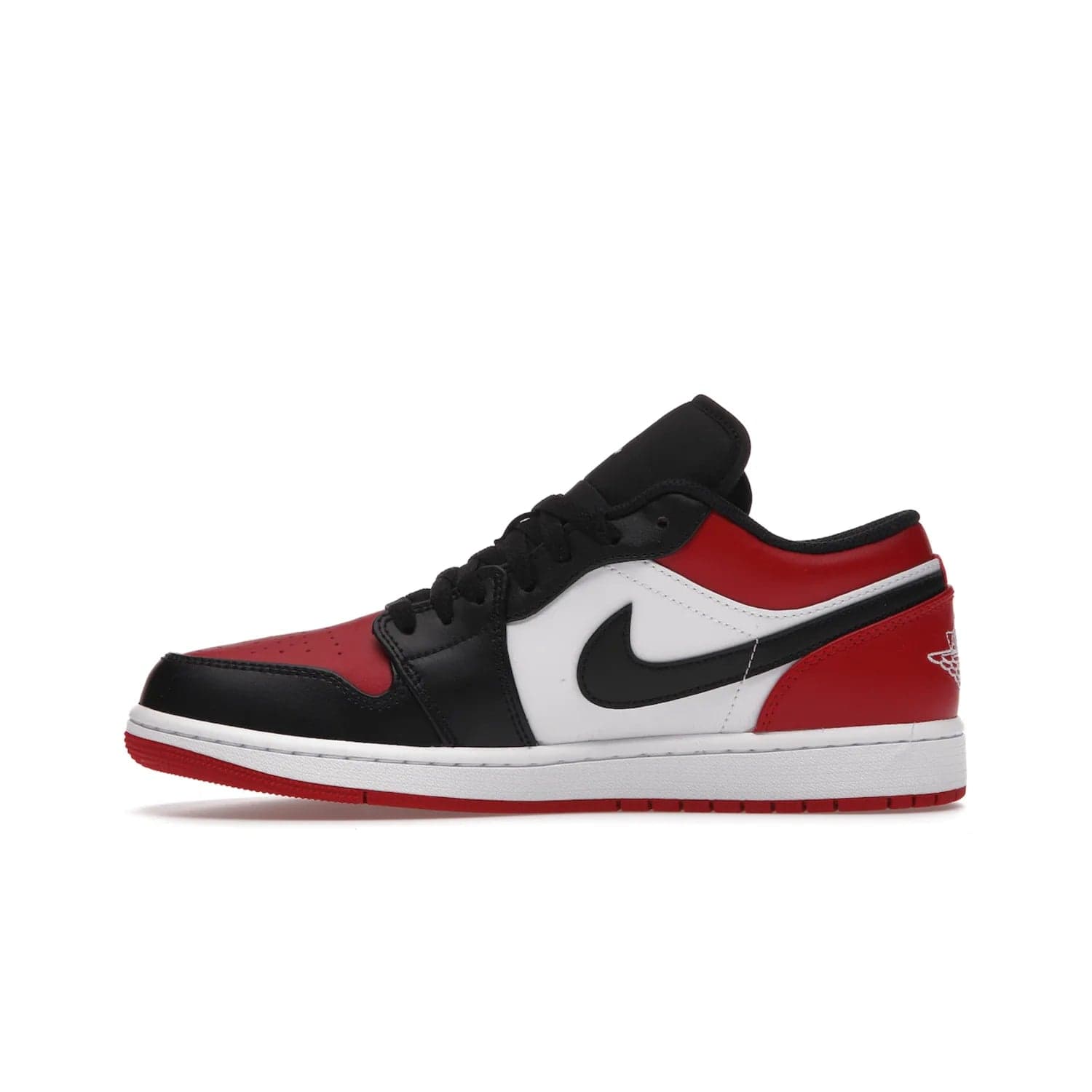Jordan 1 Low Bred Toe - Image 19 - Only at www.BallersClubKickz.com - Step into the iconic Jordan 1 Retro. Mixing and matching of leather in red, black, and white makes for a unique colorway. Finished off with a Wing logo embroidery & Jumpman label. Comfortable and stylish at an affordable $100, the Jordan 1 Low Bred Toe is perfect for any true sneaker fan.