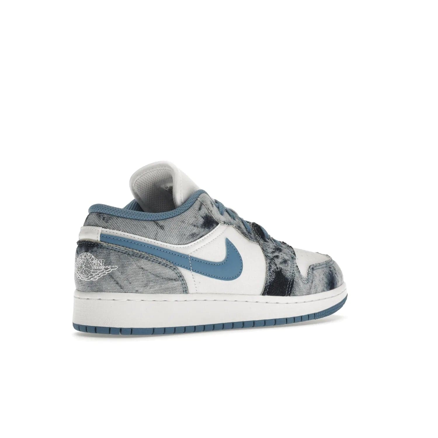 Jordan 1 Low Washed Denim (GS) - Image 33 - Only at www.BallersClubKickz.com - A classic Nike silhouette with a modern twist. The Air Jordan 1 Low Washed Denim (GS) for grade schoolers features a pattern of black, gray, blue, and white, blue laces, and a bright royal blue sole. Perfect for any sneaker collector.
