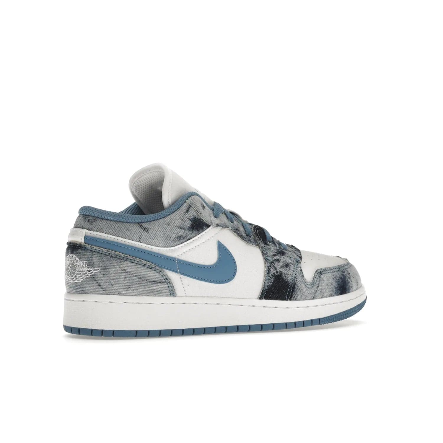Jordan 1 Low Washed Denim (GS) - Image 34 - Only at www.BallersClubKickz.com - A classic Nike silhouette with a modern twist. The Air Jordan 1 Low Washed Denim (GS) for grade schoolers features a pattern of black, gray, blue, and white, blue laces, and a bright royal blue sole. Perfect for any sneaker collector.