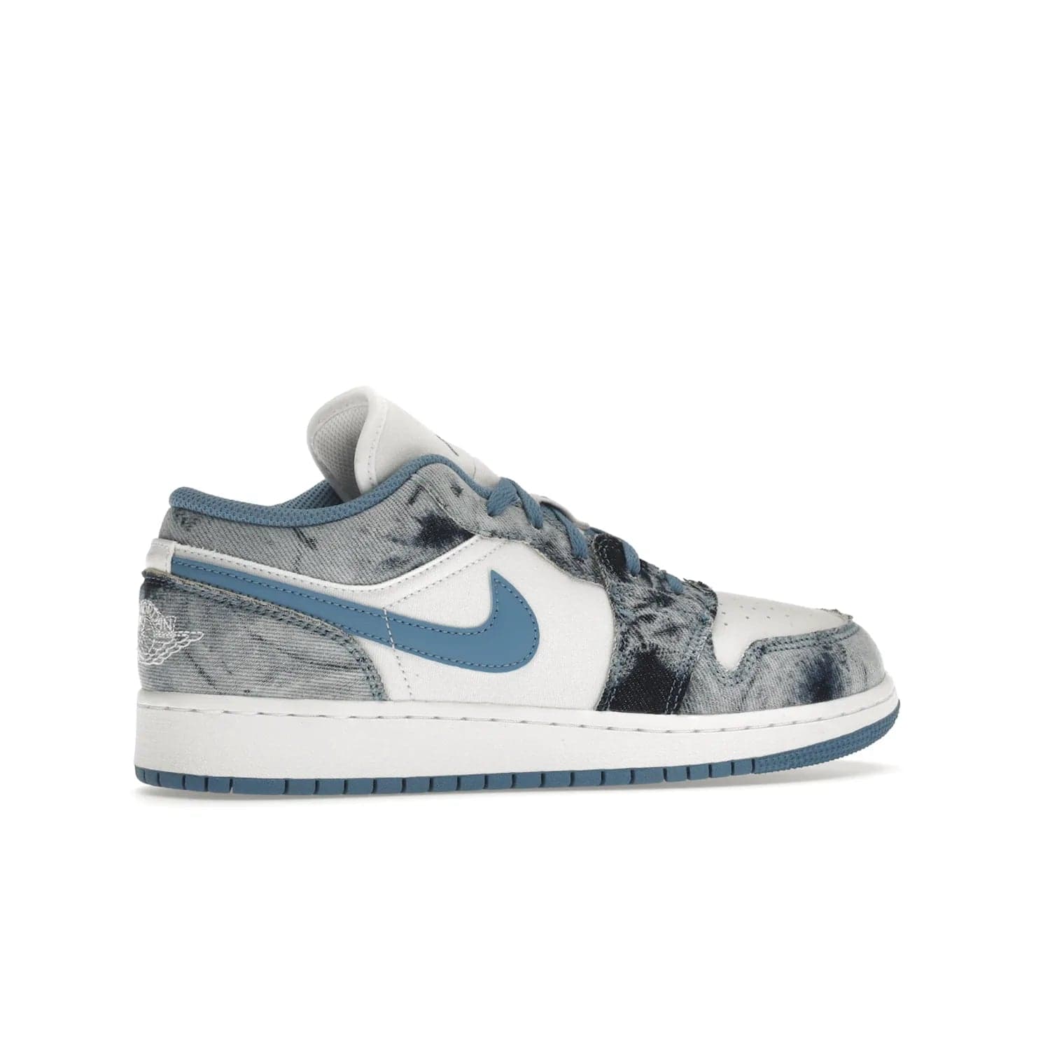 Jordan 1 Low Washed Denim (GS) - Image 35 - Only at www.BallersClubKickz.com - A classic Nike silhouette with a modern twist. The Air Jordan 1 Low Washed Denim (GS) for grade schoolers features a pattern of black, gray, blue, and white, blue laces, and a bright royal blue sole. Perfect for any sneaker collector.