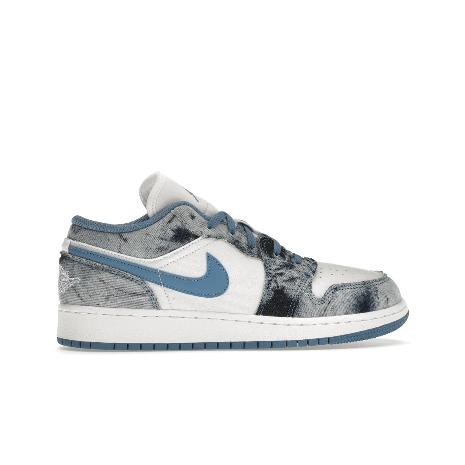 Jordan 1 Low Washed Denim (GS) - Image 36 - Only at www.BallersClubKickz.com - A classic Nike silhouette with a modern twist. The Air Jordan 1 Low Washed Denim (GS) for grade schoolers features a pattern of black, gray, blue, and white, blue laces, and a bright royal blue sole. Perfect for any sneaker collector.