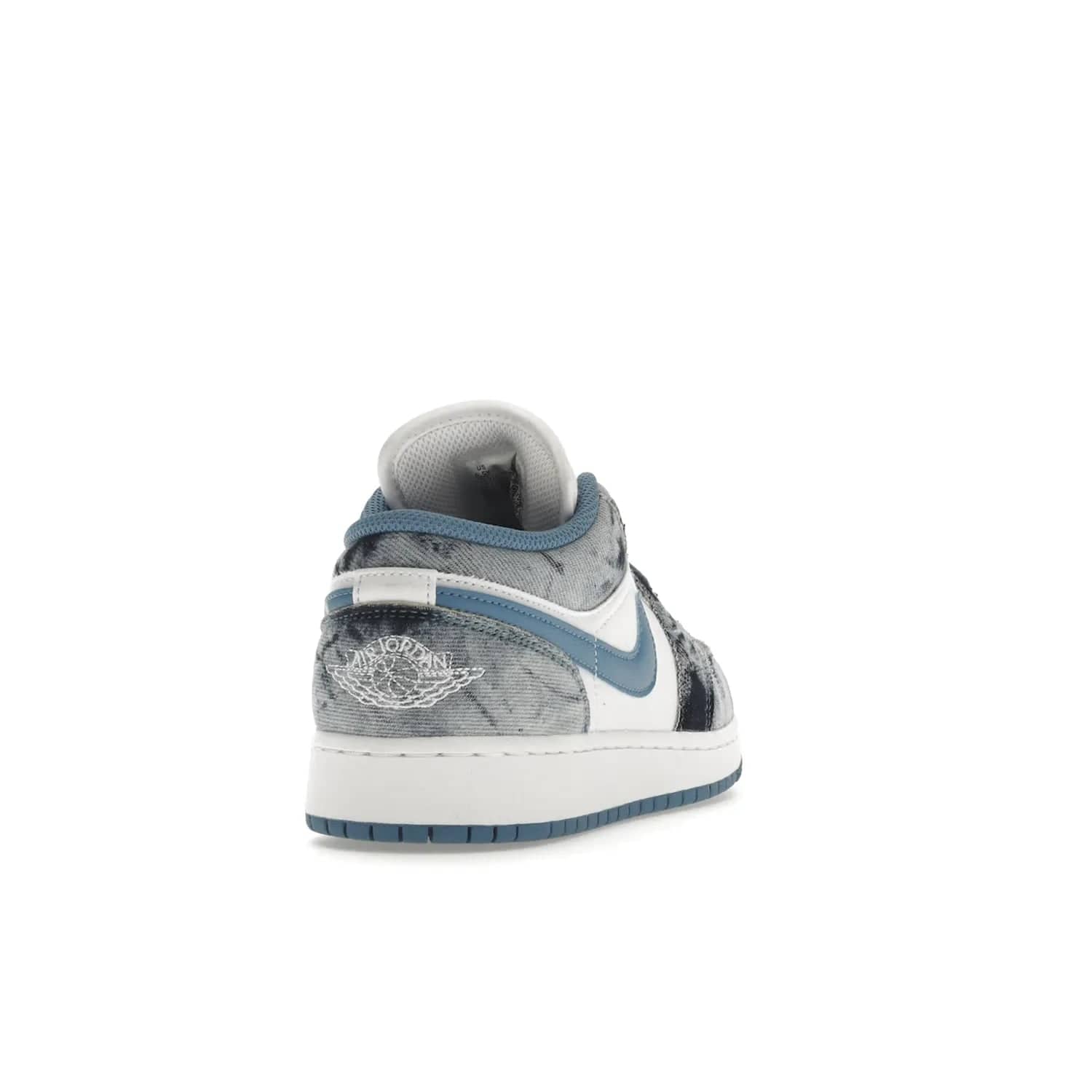 Jordan 1 Low Washed Denim (GS) - Image 30 - Only at www.BallersClubKickz.com - A classic Nike silhouette with a modern twist. The Air Jordan 1 Low Washed Denim (GS) for grade schoolers features a pattern of black, gray, blue, and white, blue laces, and a bright royal blue sole. Perfect for any sneaker collector.