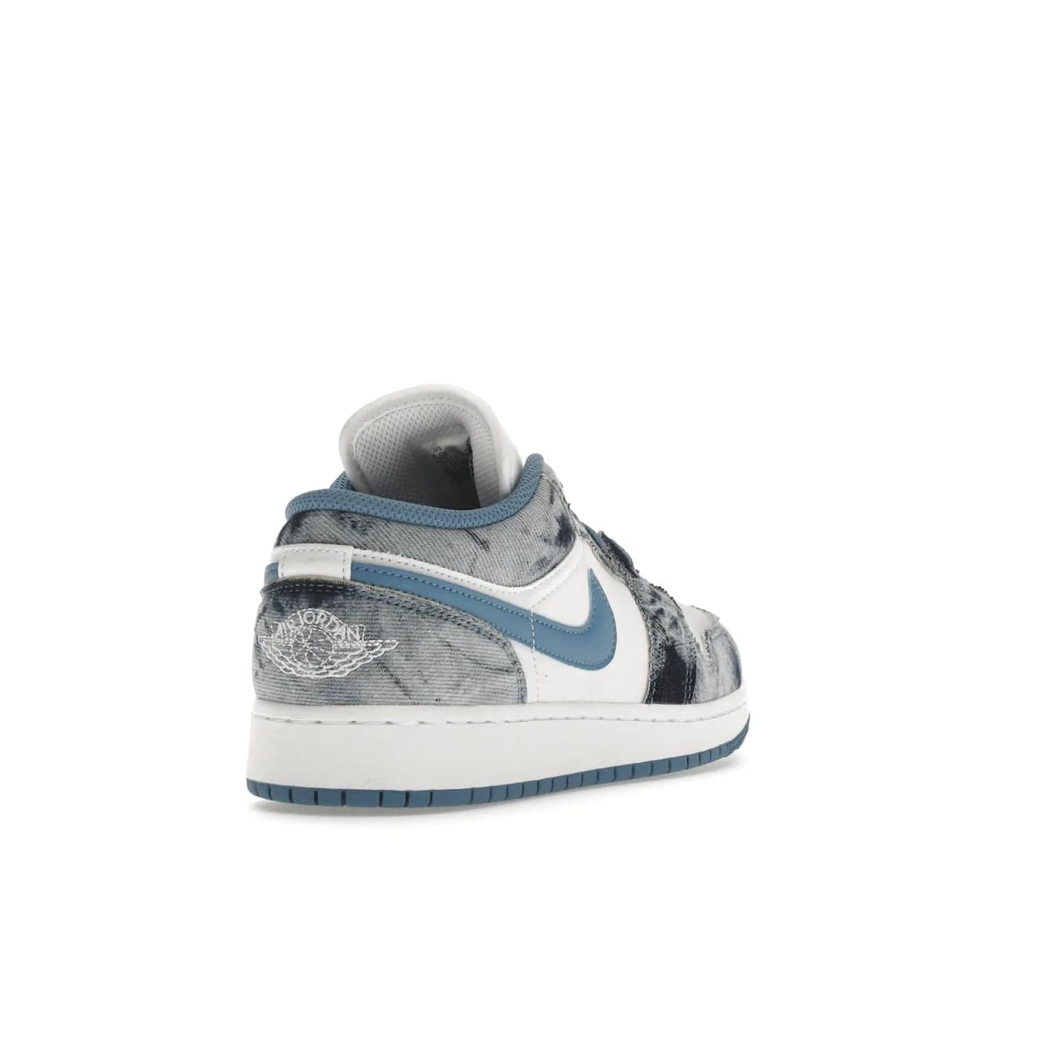 Jordan 1 Low Washed Denim (GS) - Image 31 - Only at www.BallersClubKickz.com - A classic Nike silhouette with a modern twist. The Air Jordan 1 Low Washed Denim (GS) for grade schoolers features a pattern of black, gray, blue, and white, blue laces, and a bright royal blue sole. Perfect for any sneaker collector.