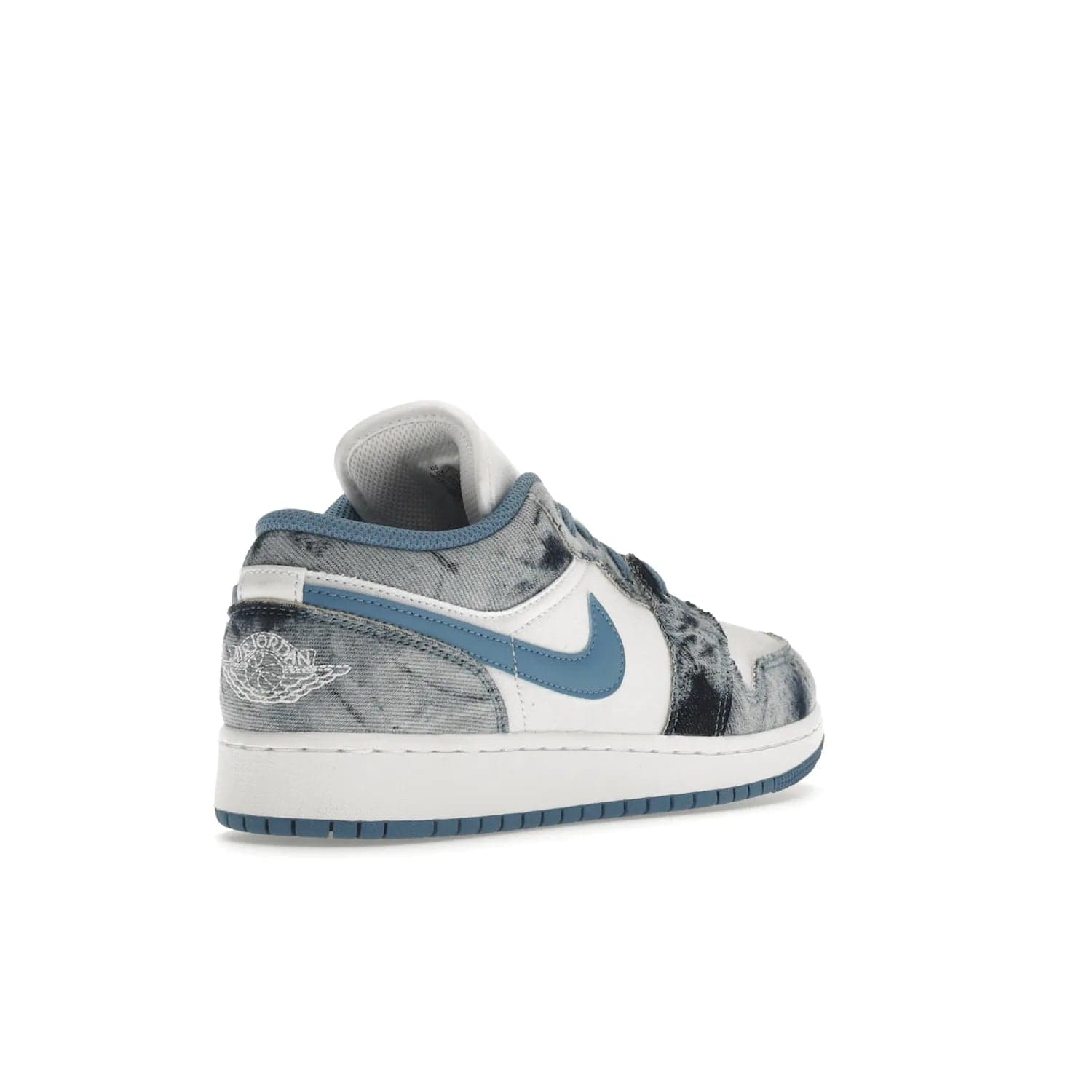 Jordan 1 Low Washed Denim (GS) - Image 32 - Only at www.BallersClubKickz.com - A classic Nike silhouette with a modern twist. The Air Jordan 1 Low Washed Denim (GS) for grade schoolers features a pattern of black, gray, blue, and white, blue laces, and a bright royal blue sole. Perfect for any sneaker collector.