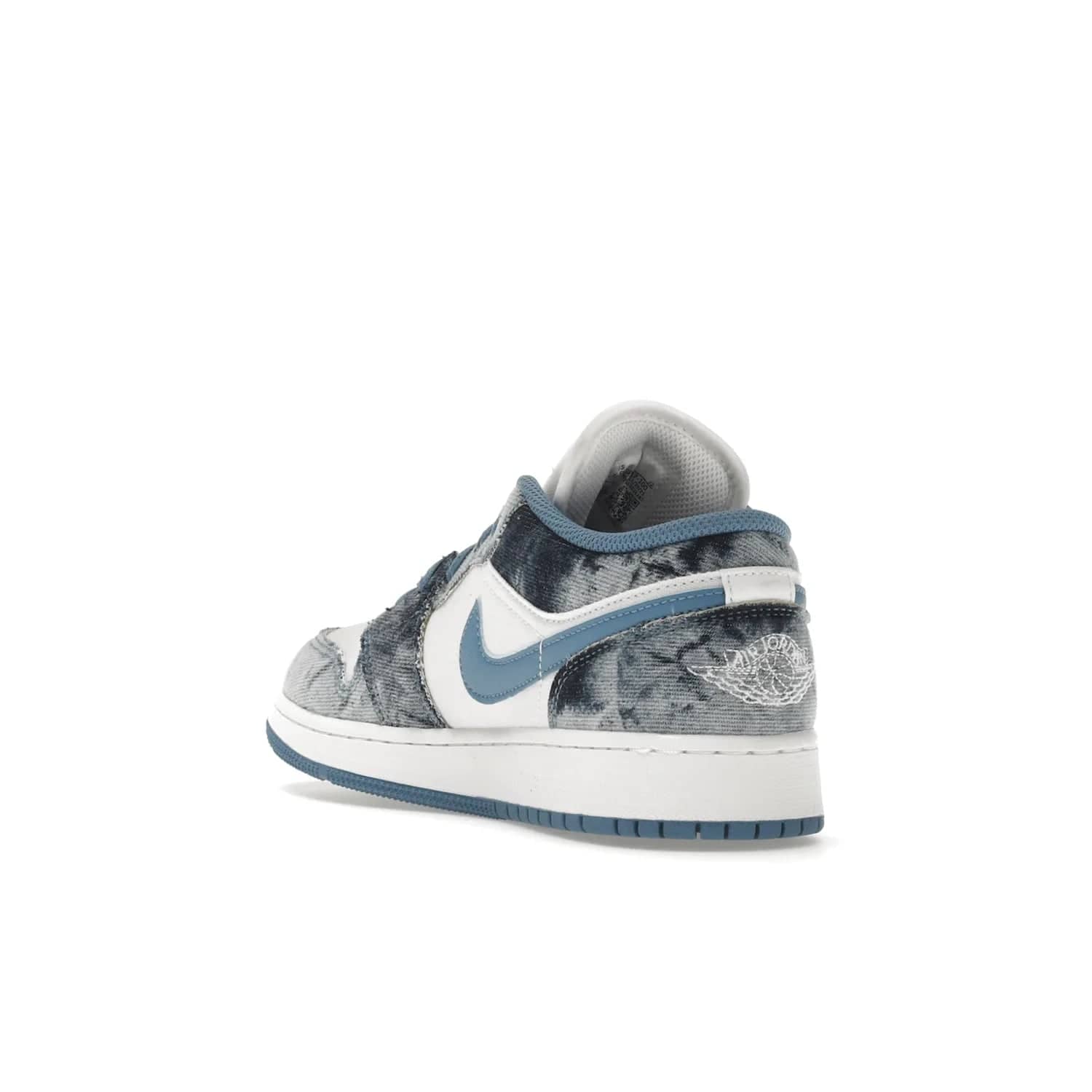 Jordan 1 Low Washed Denim (GS) - Image 25 - Only at www.BallersClubKickz.com - A classic Nike silhouette with a modern twist. The Air Jordan 1 Low Washed Denim (GS) for grade schoolers features a pattern of black, gray, blue, and white, blue laces, and a bright royal blue sole. Perfect for any sneaker collector.