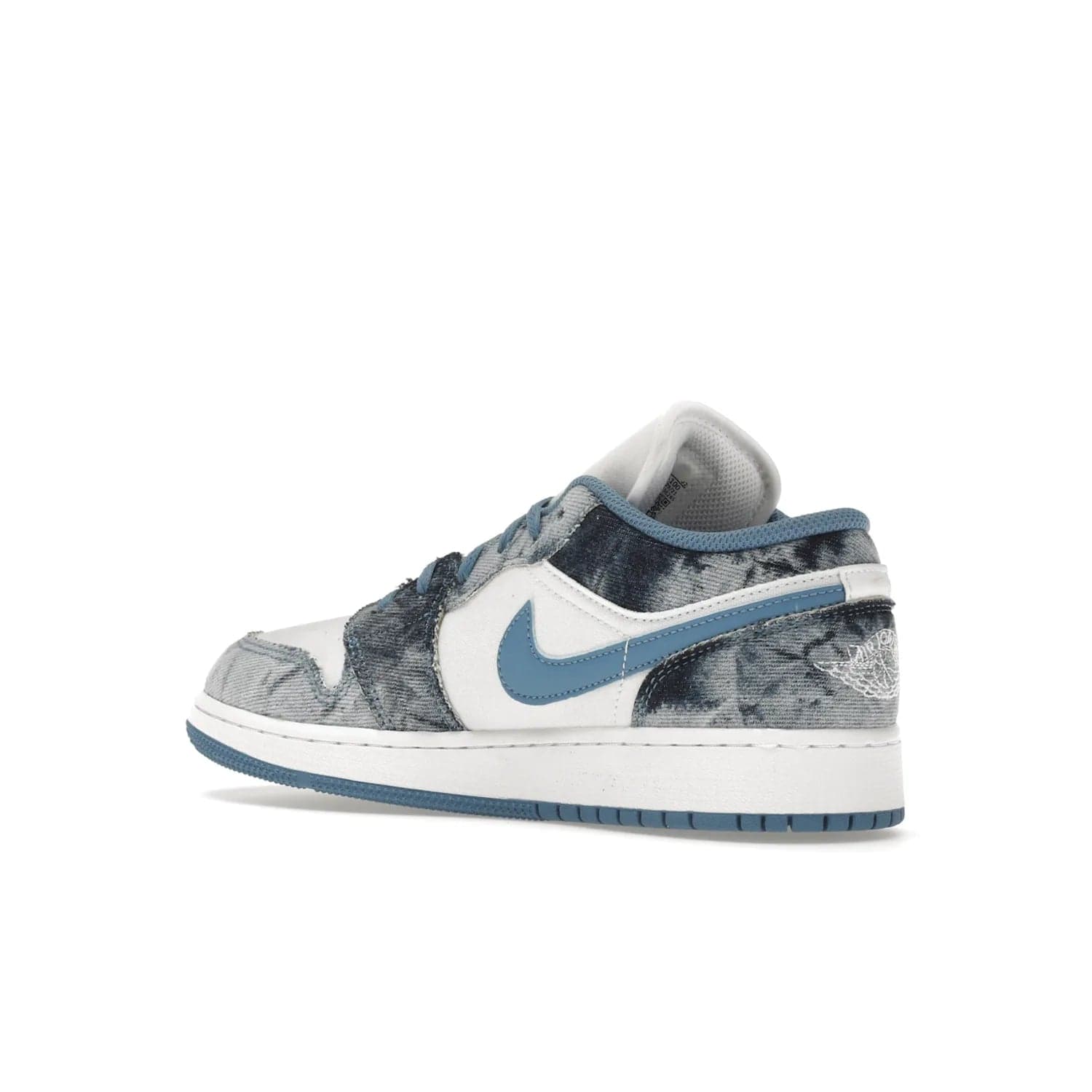 Jordan 1 Low Washed Denim (GS) - Image 23 - Only at www.BallersClubKickz.com - A classic Nike silhouette with a modern twist. The Air Jordan 1 Low Washed Denim (GS) for grade schoolers features a pattern of black, gray, blue, and white, blue laces, and a bright royal blue sole. Perfect for any sneaker collector.