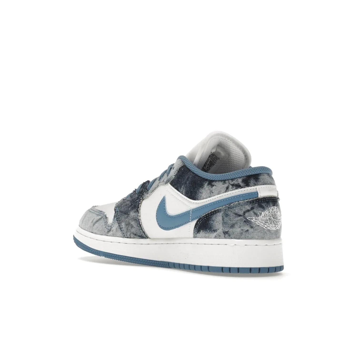 Jordan 1 Low Washed Denim (GS) - Image 24 - Only at www.BallersClubKickz.com - A classic Nike silhouette with a modern twist. The Air Jordan 1 Low Washed Denim (GS) for grade schoolers features a pattern of black, gray, blue, and white, blue laces, and a bright royal blue sole. Perfect for any sneaker collector.